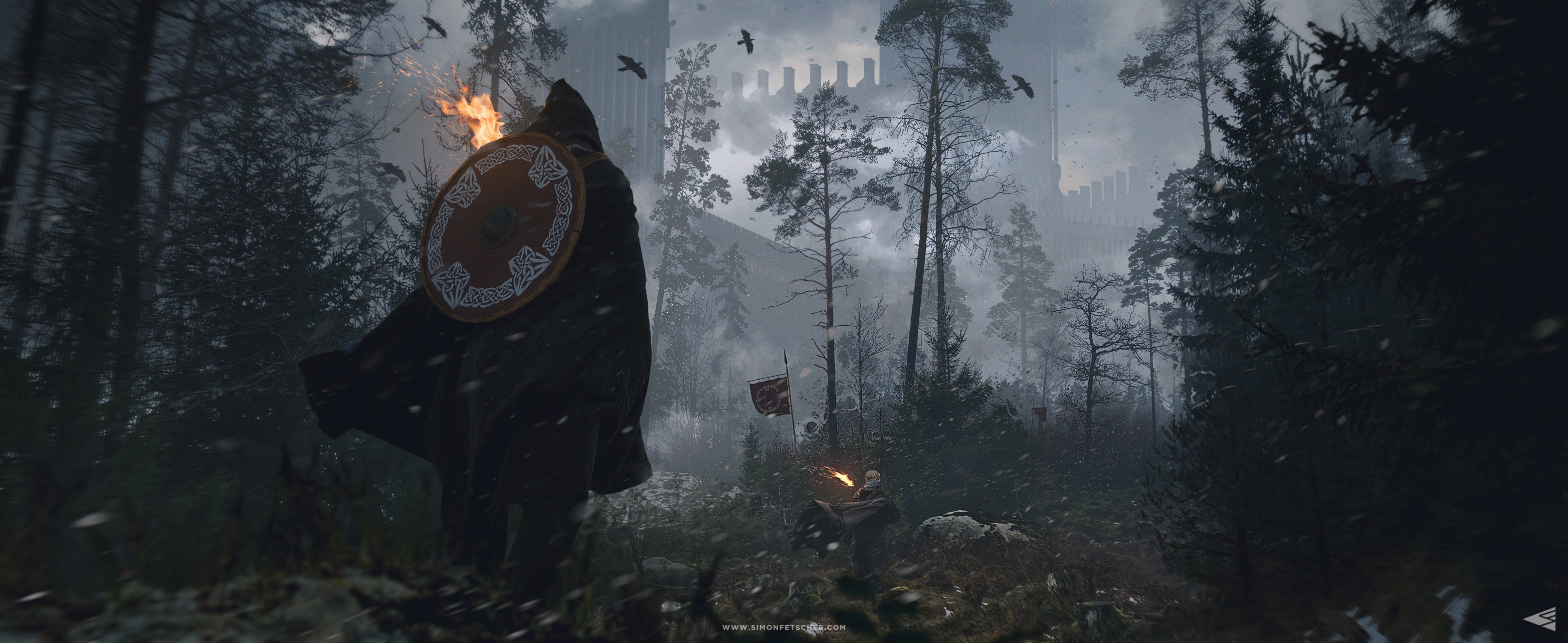 Viking warrior with shield and fire in misty forest near castle HD Wallpaper