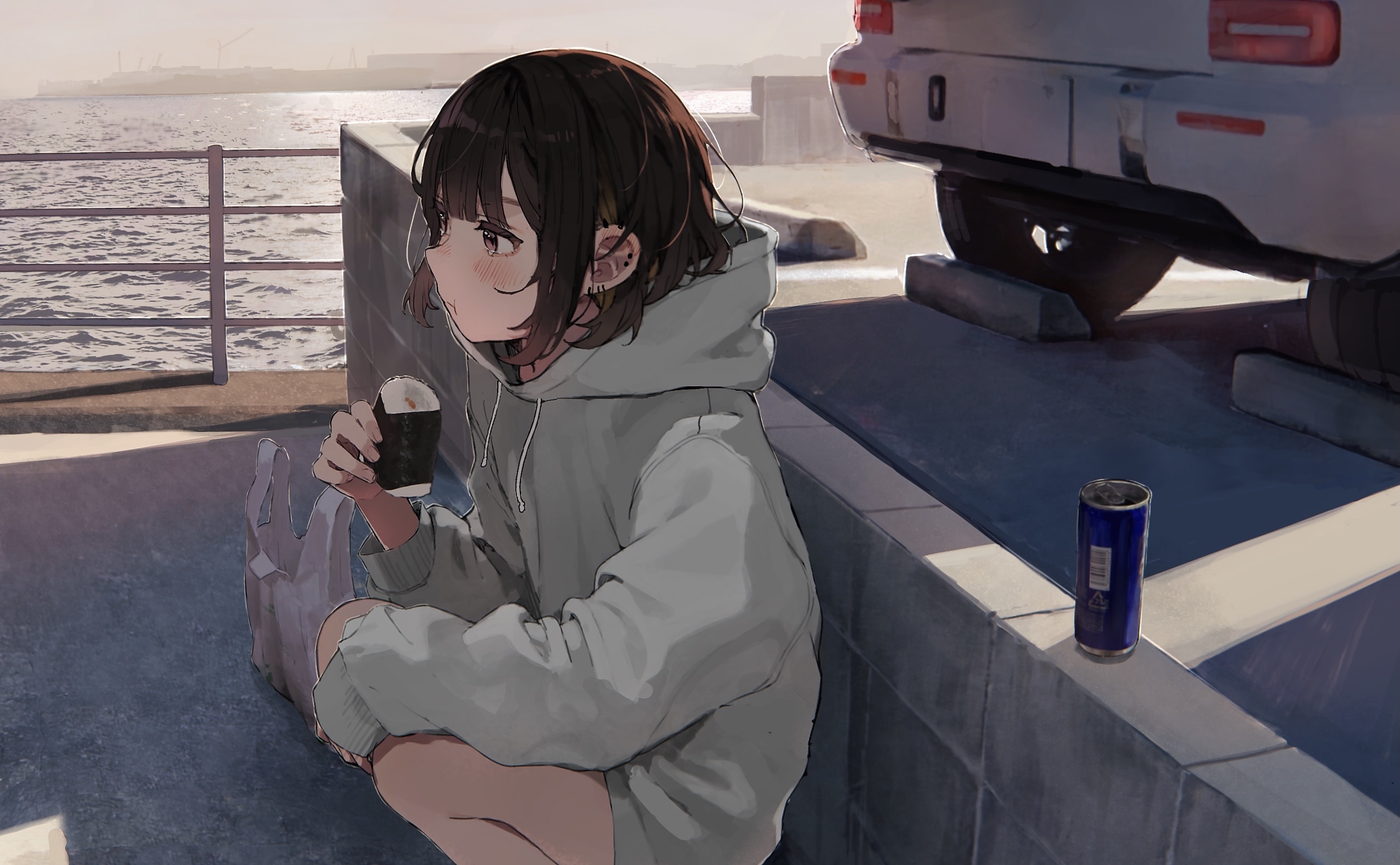Anime girl with short brown hair holding a drink HD Wallpaper