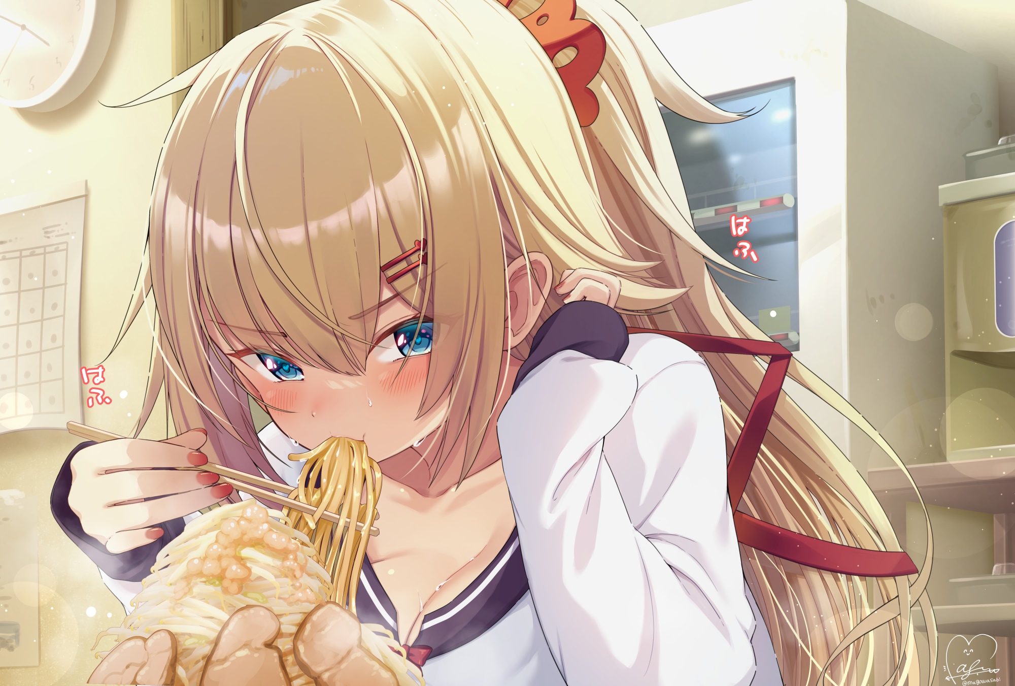 Girl in school uniform eating ramen HD Wallpaper
