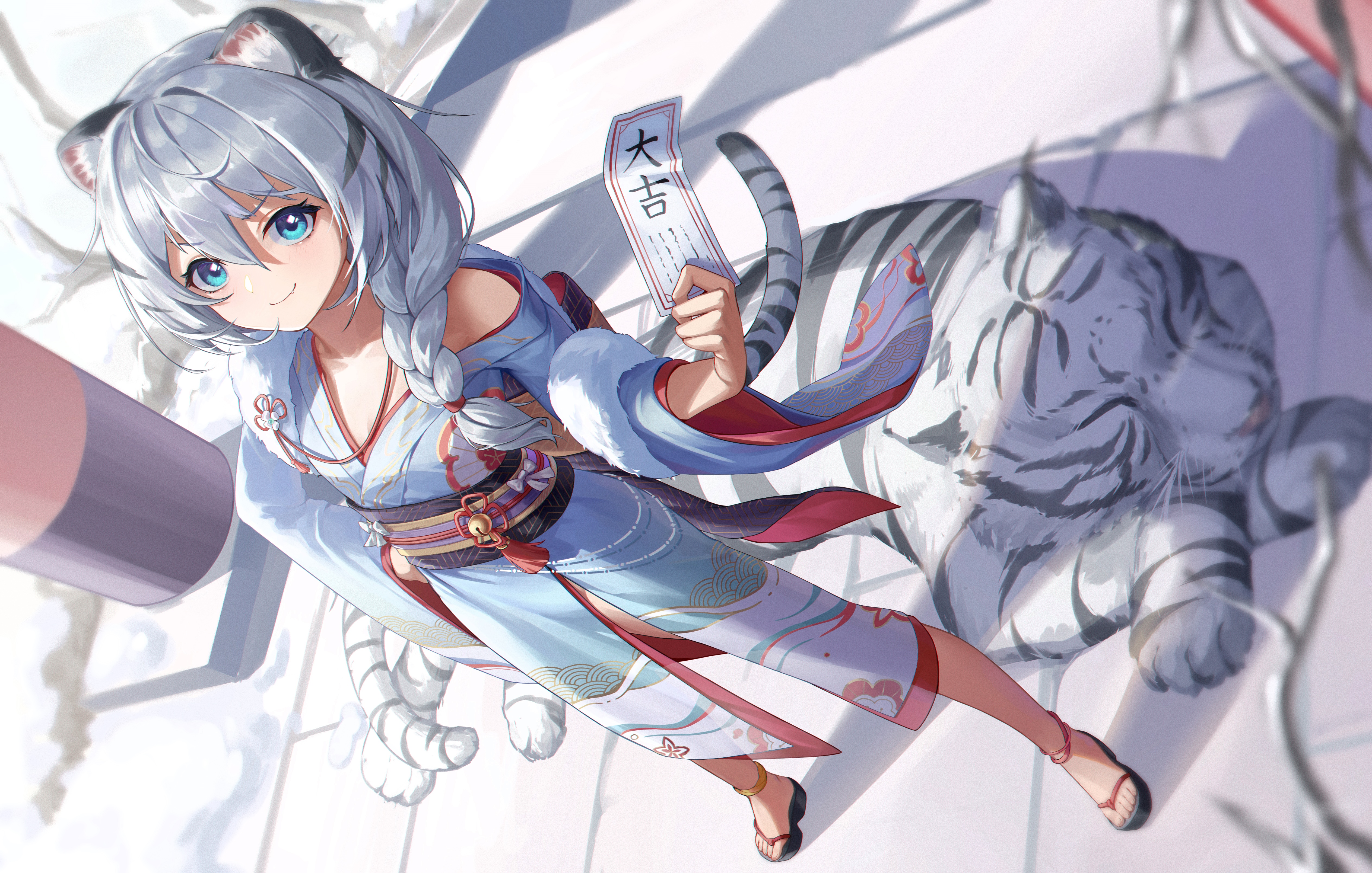 Anime girl with tiger ears and kimono holding omikuji HD Wallpaper