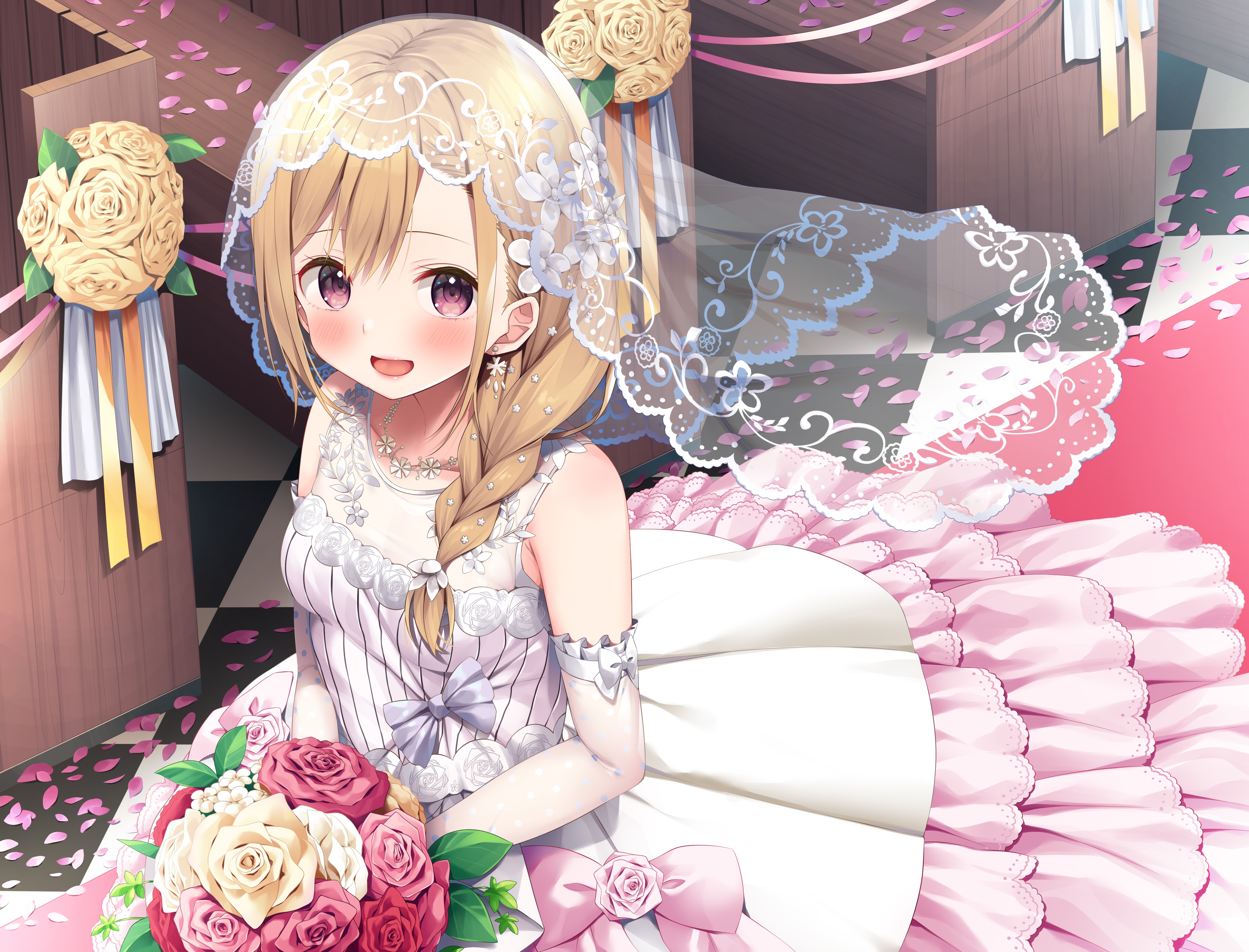 Anime bride in wedding dress holding flowers HD Wallpaper