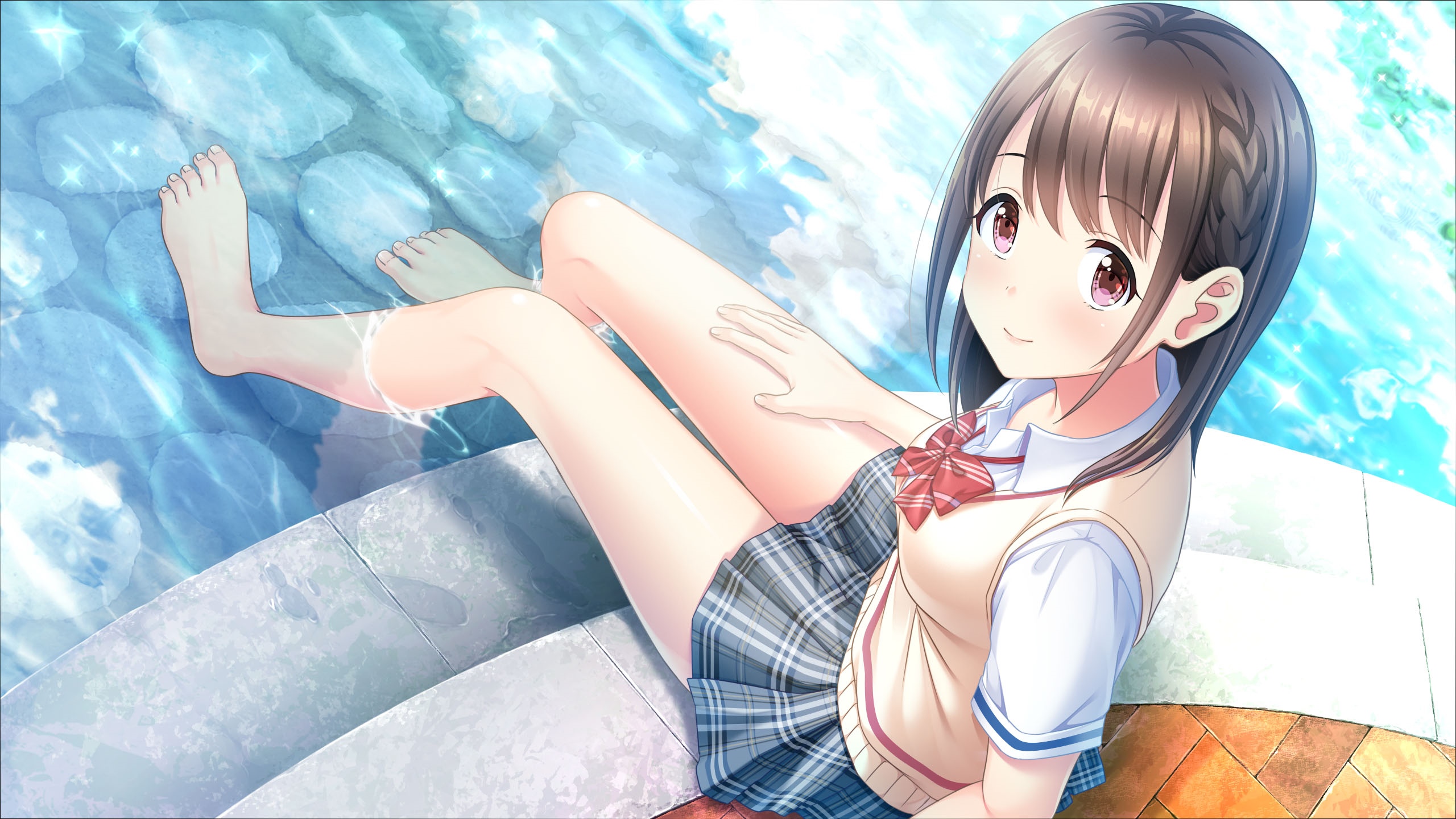 Anime girl with brown hair in a school uniform by the water HD Wallpaper