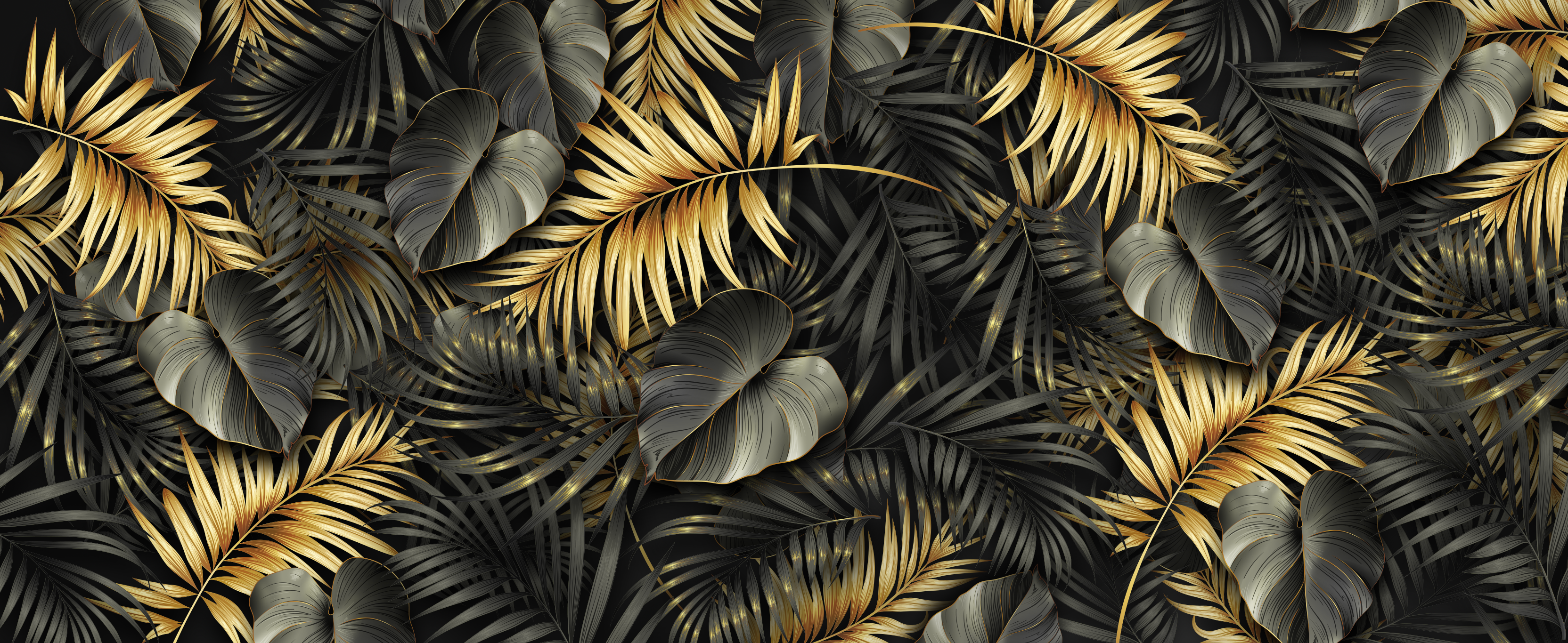 Gold and black tropical leaves pattern HD Wallpaper