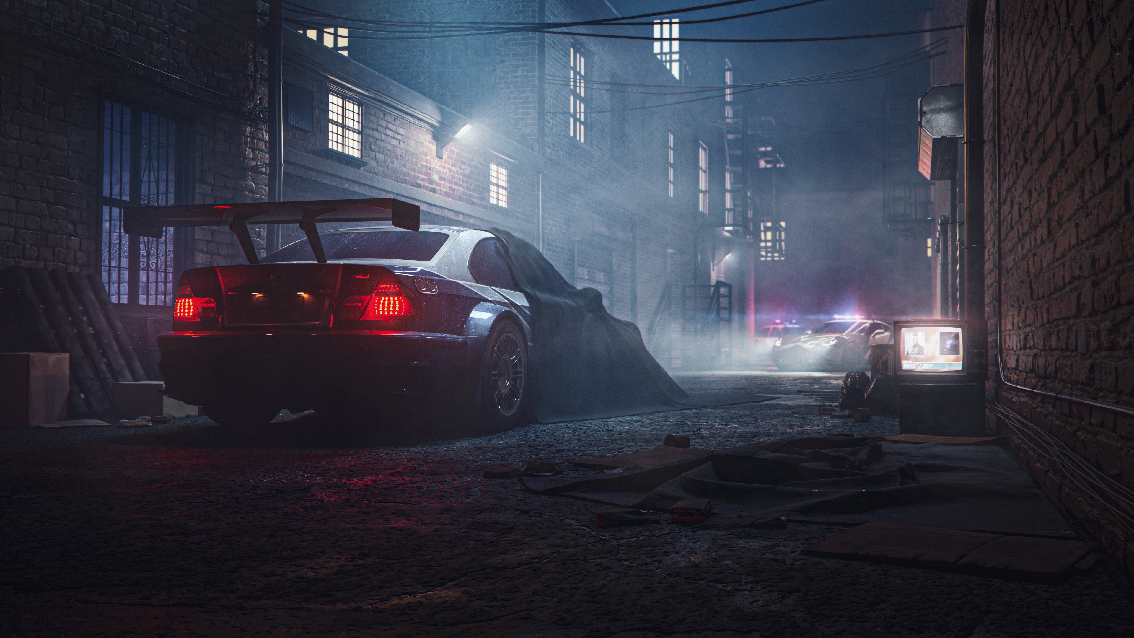 4K BMW M3 GTR in a dark alley with police cars HD Wallpaper