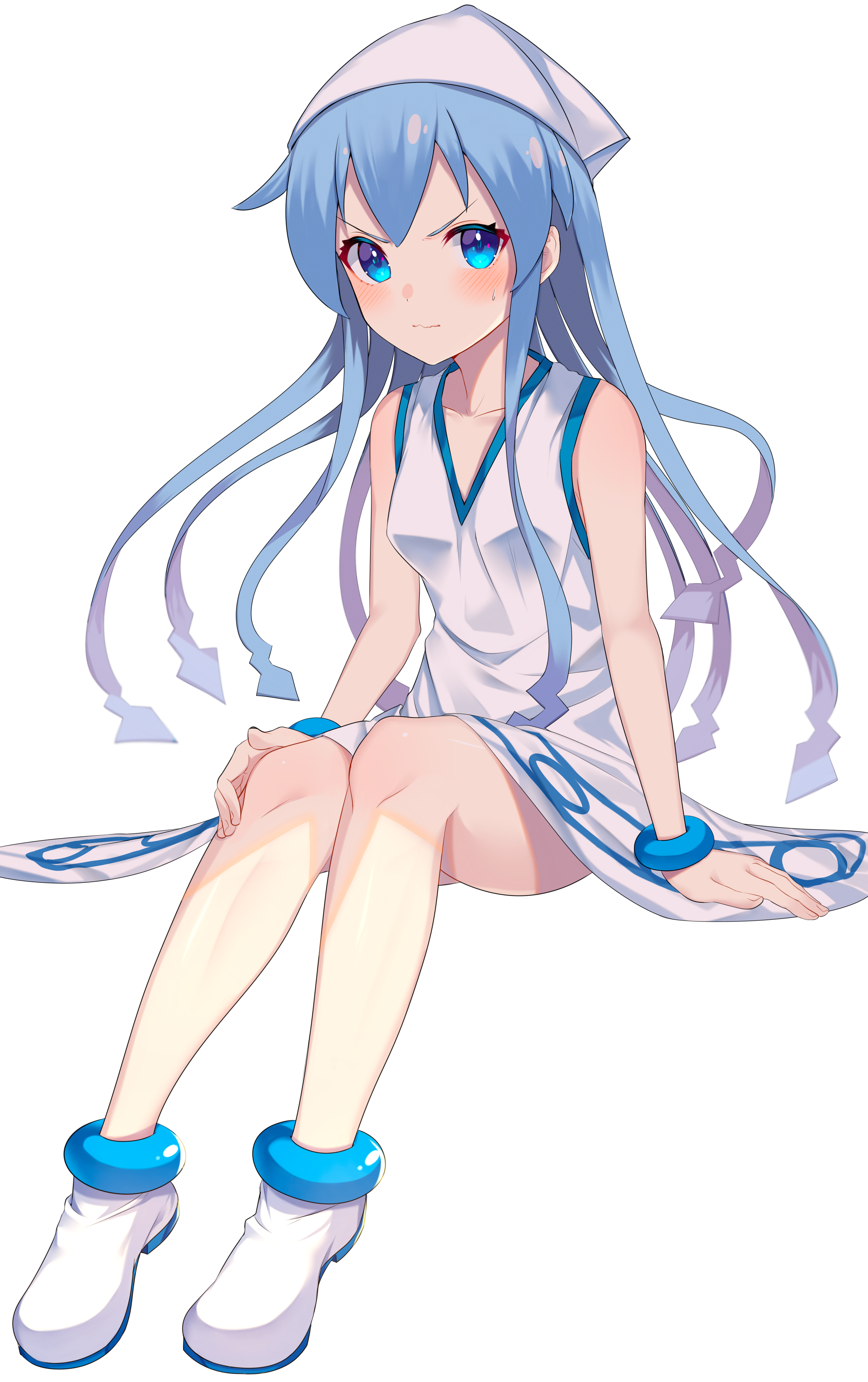 Ika Musume in a white dress with blue accents HD Phone Wallpaper