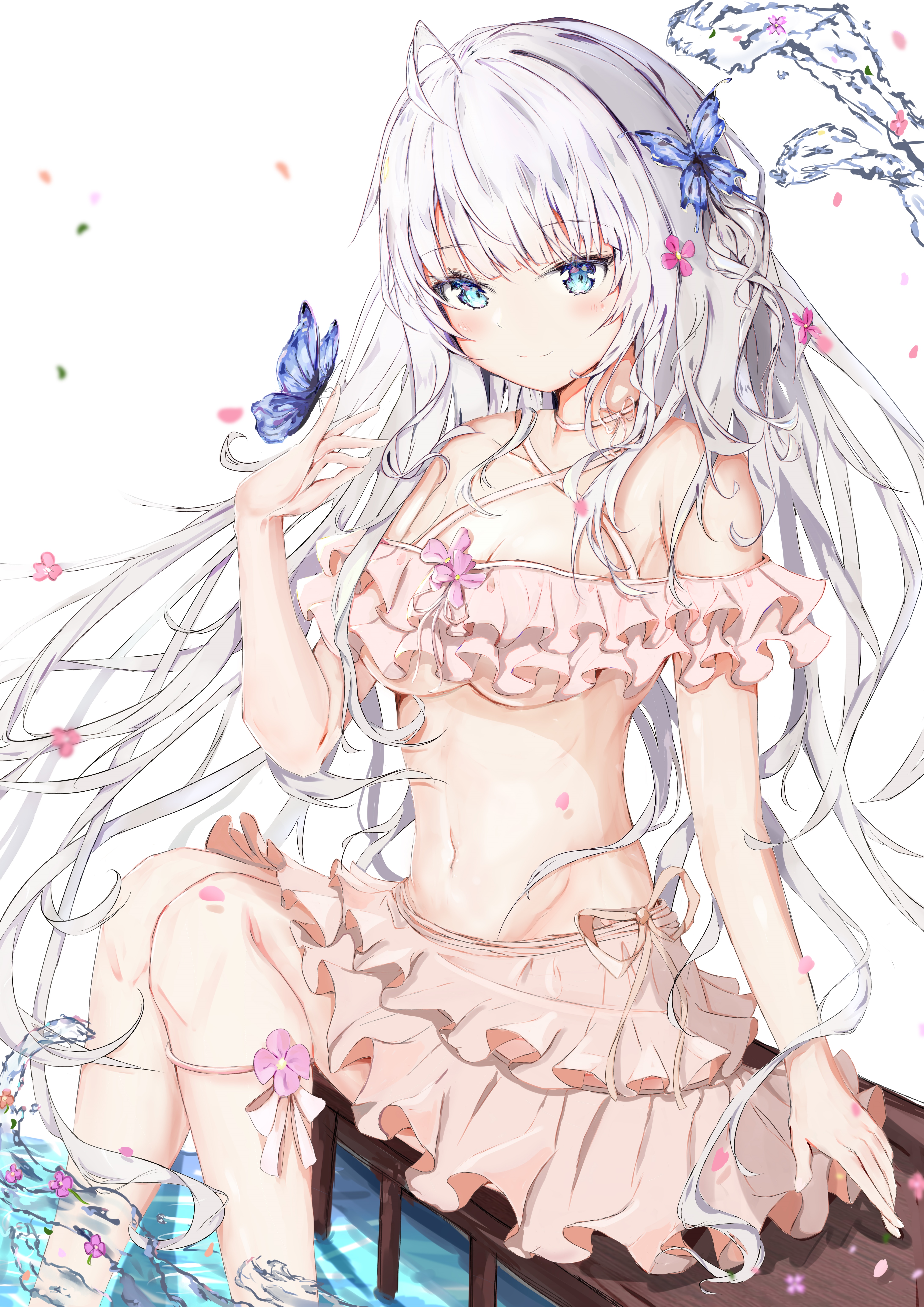 Anime girl with white hair and blue eyes in a pink bikini HD Phone Wallpaper