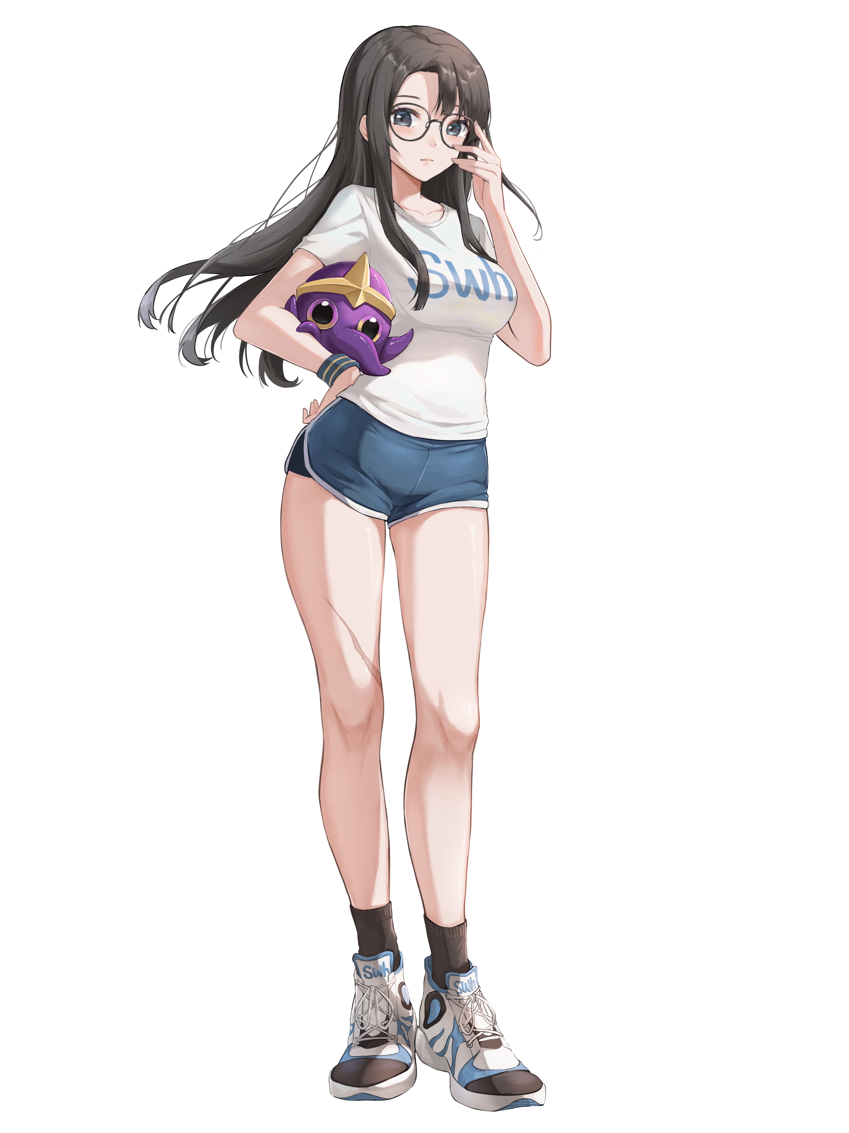 Anime girl with glasses holding a purple creature HD Phone Wallpaper
