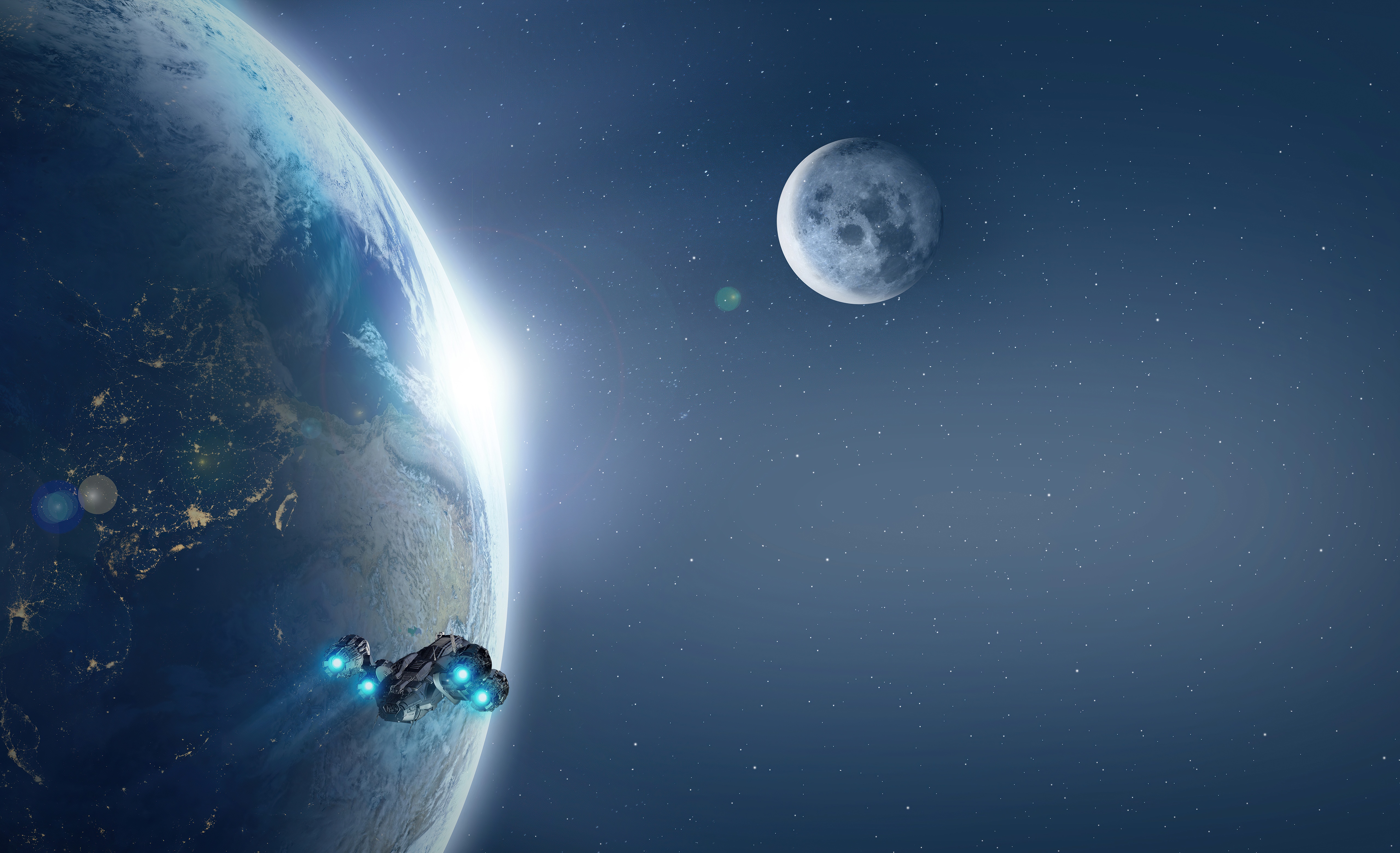 4K Spaceship Near Earth and Moon HD Wallpaper