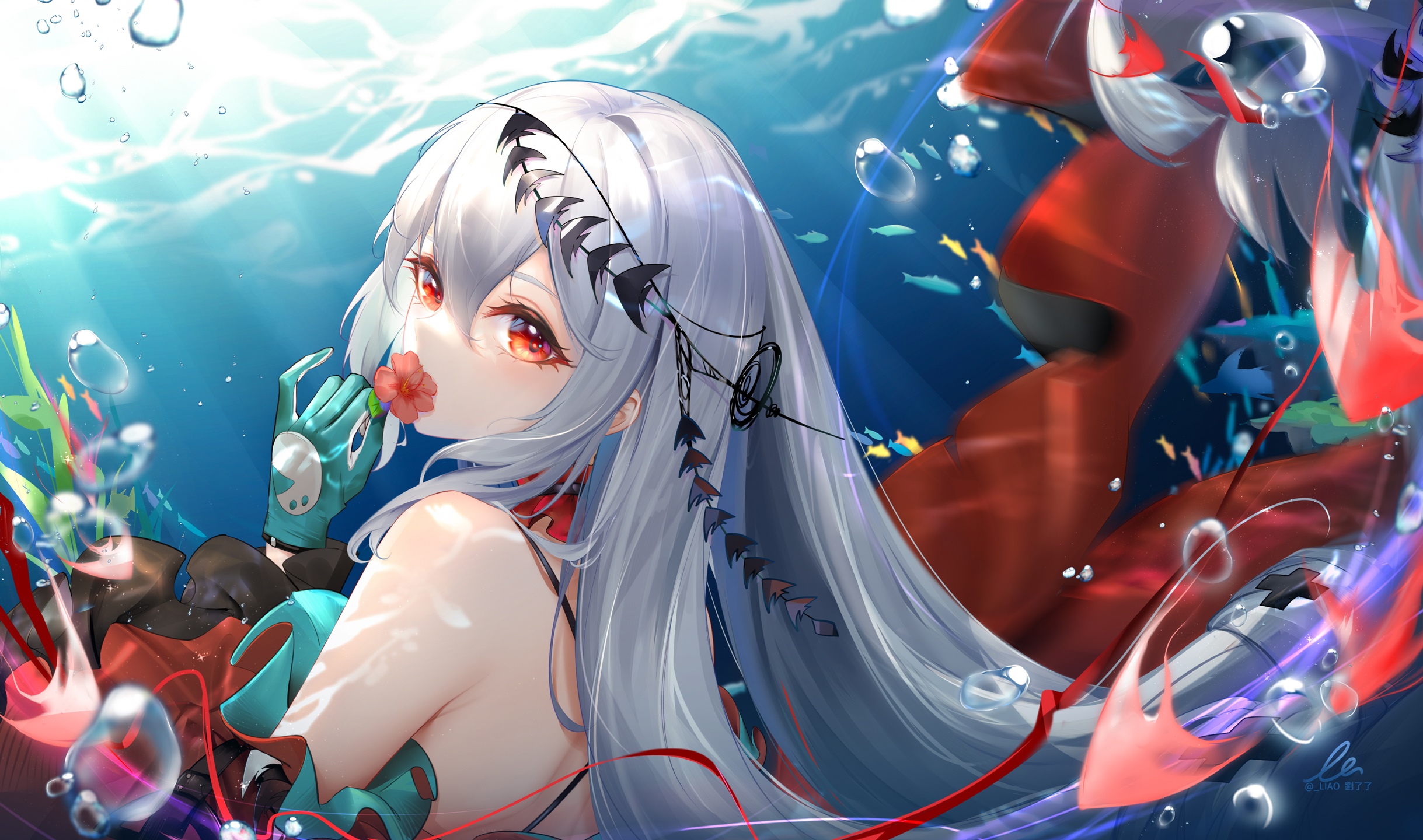 Skadi underwater with red eyes and gloves HD Wallpaper