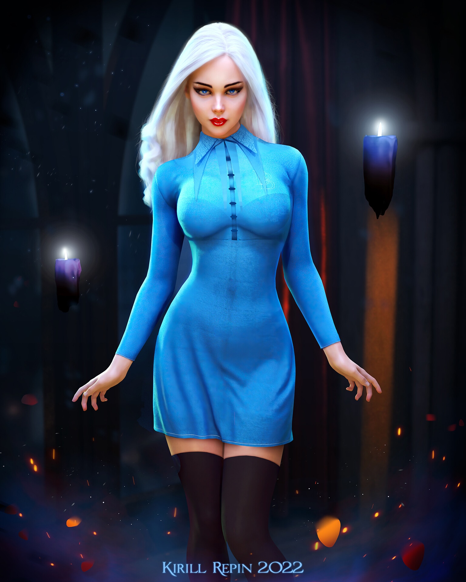Fleur Delacour in a blue dress with thigh-highs HD Phone Wallpaper