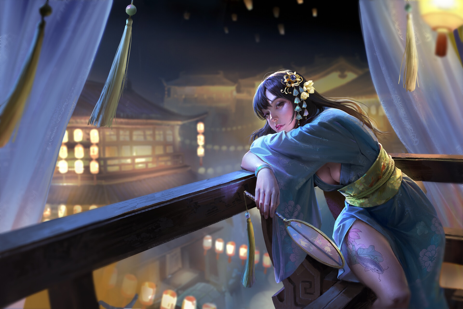 Woman in blue dress on a balcony at night HD Wallpaper