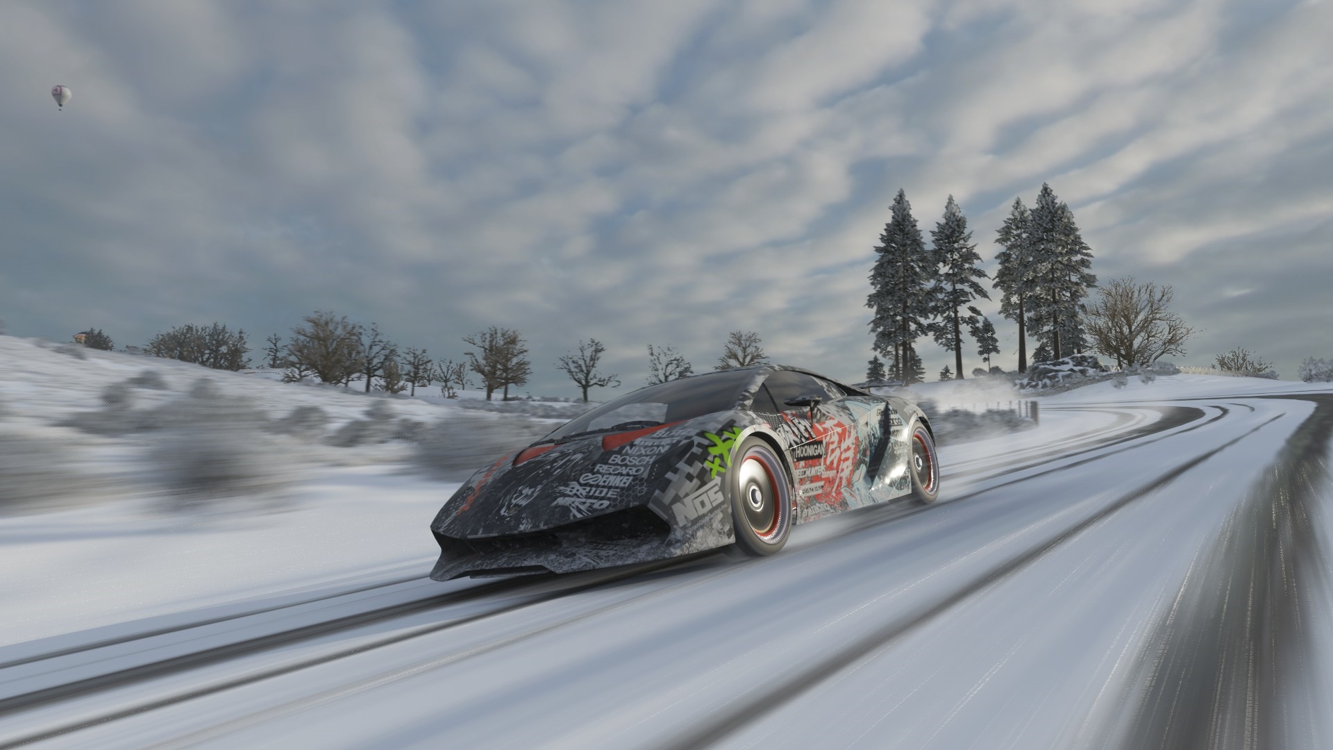 Lamborghini Sesto Elemento drifting on a snowy road in Forza Horizon 4 HD Wallpaper