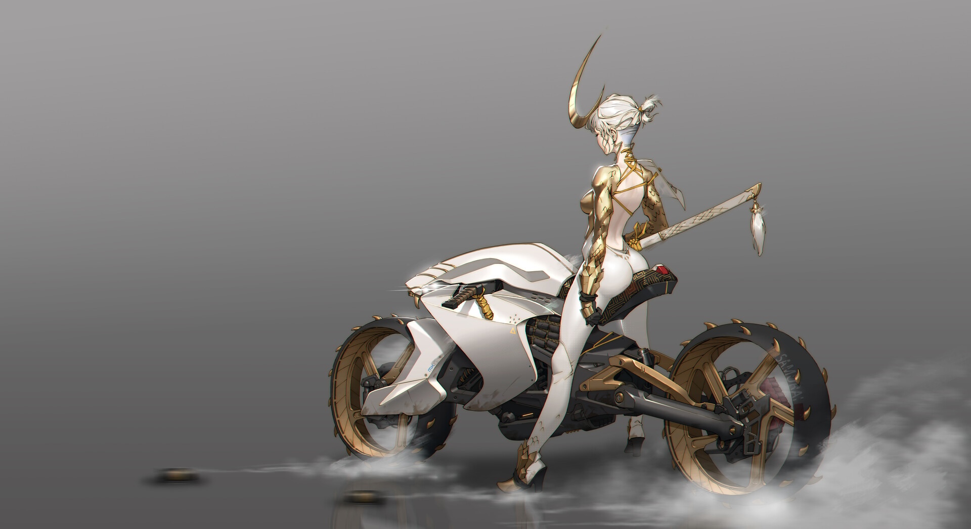 Woman in futuristic armor on a white motorcycle HD Wallpaper