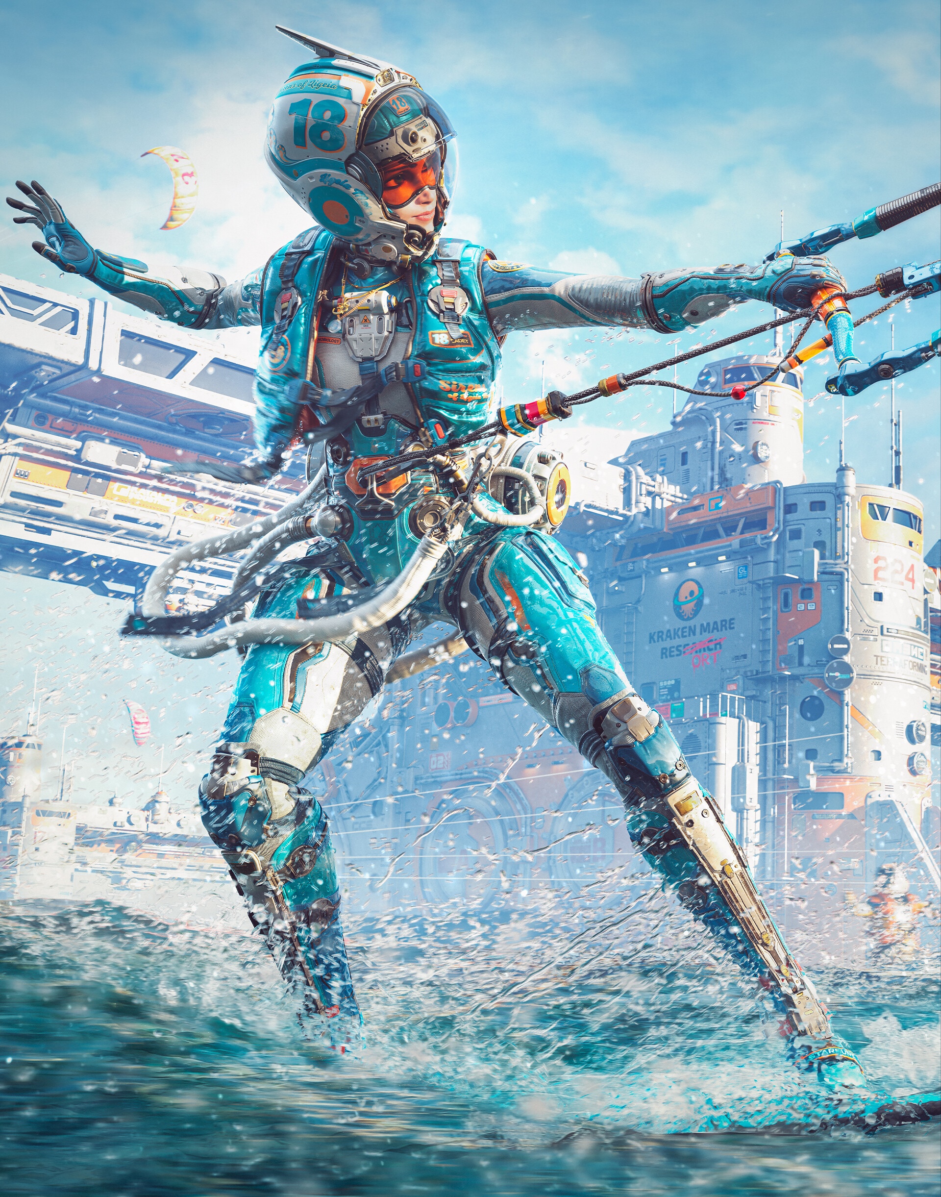 Science Fiction Woman Kiteboarding in Futuristic City HD Phone Wallpaper