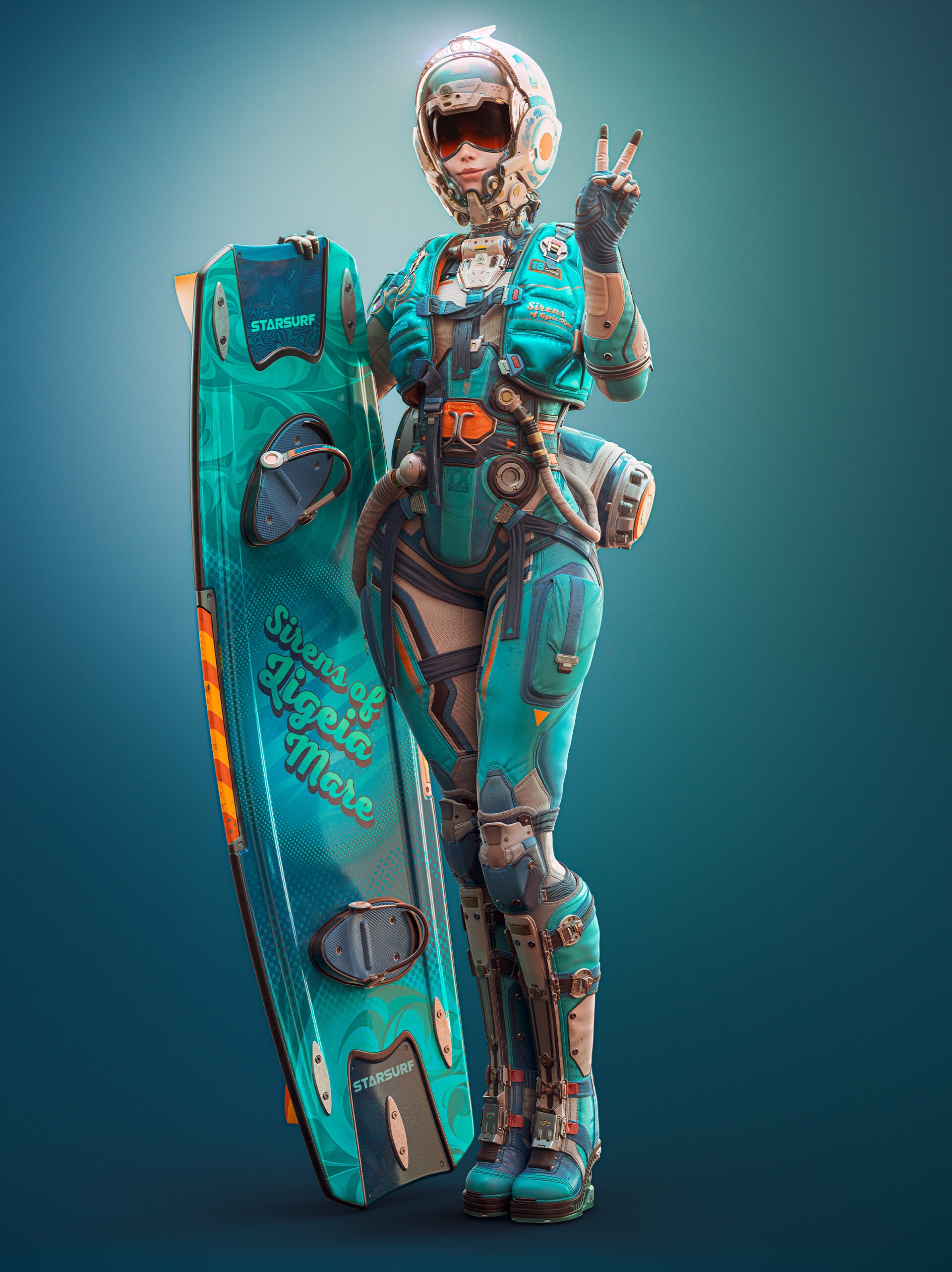 Sci-fi woman with surfboard and helmet HD Phone Wallpaper