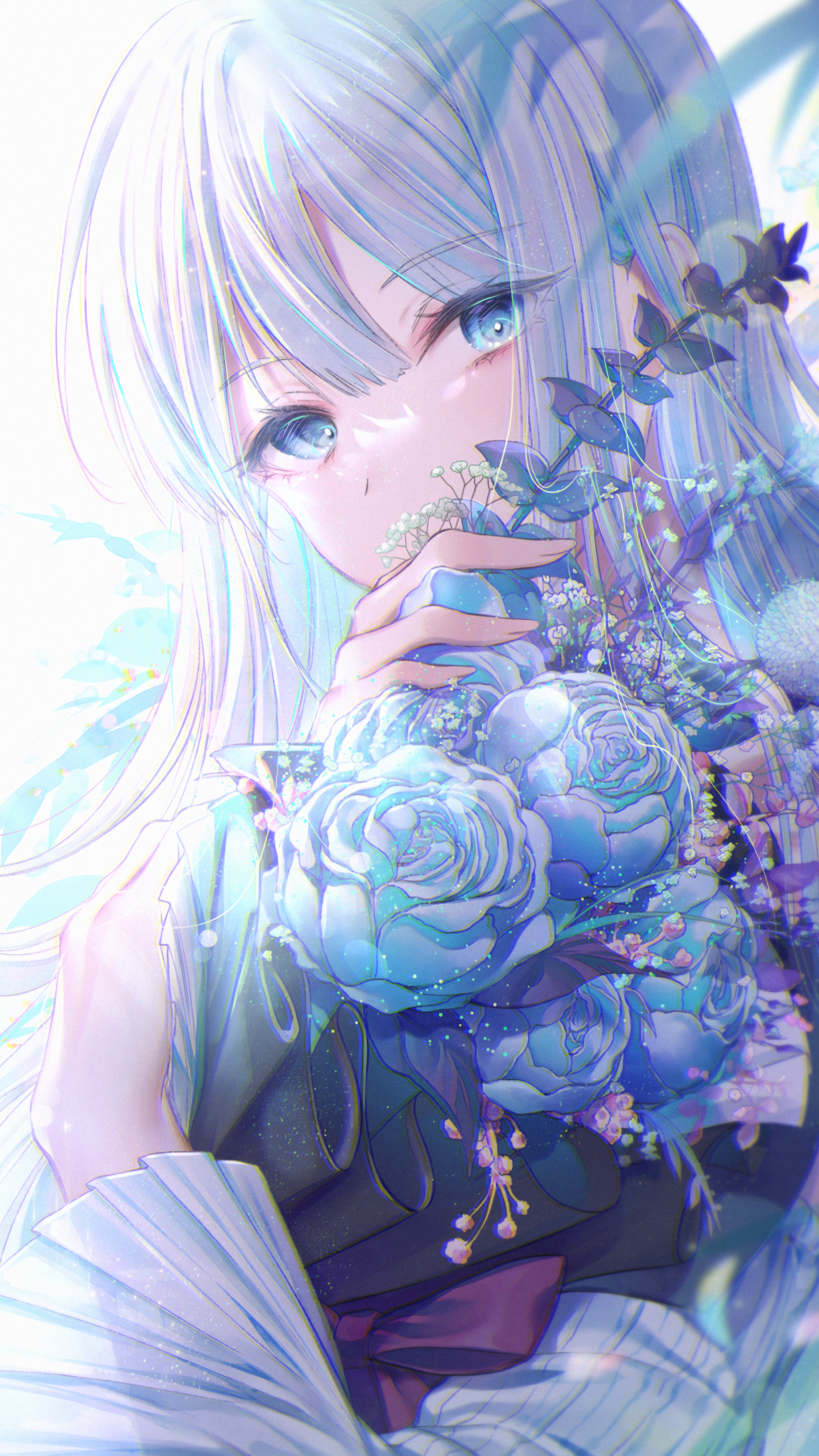 Woman with white hair holding blue roses HD Phone Wallpaper
