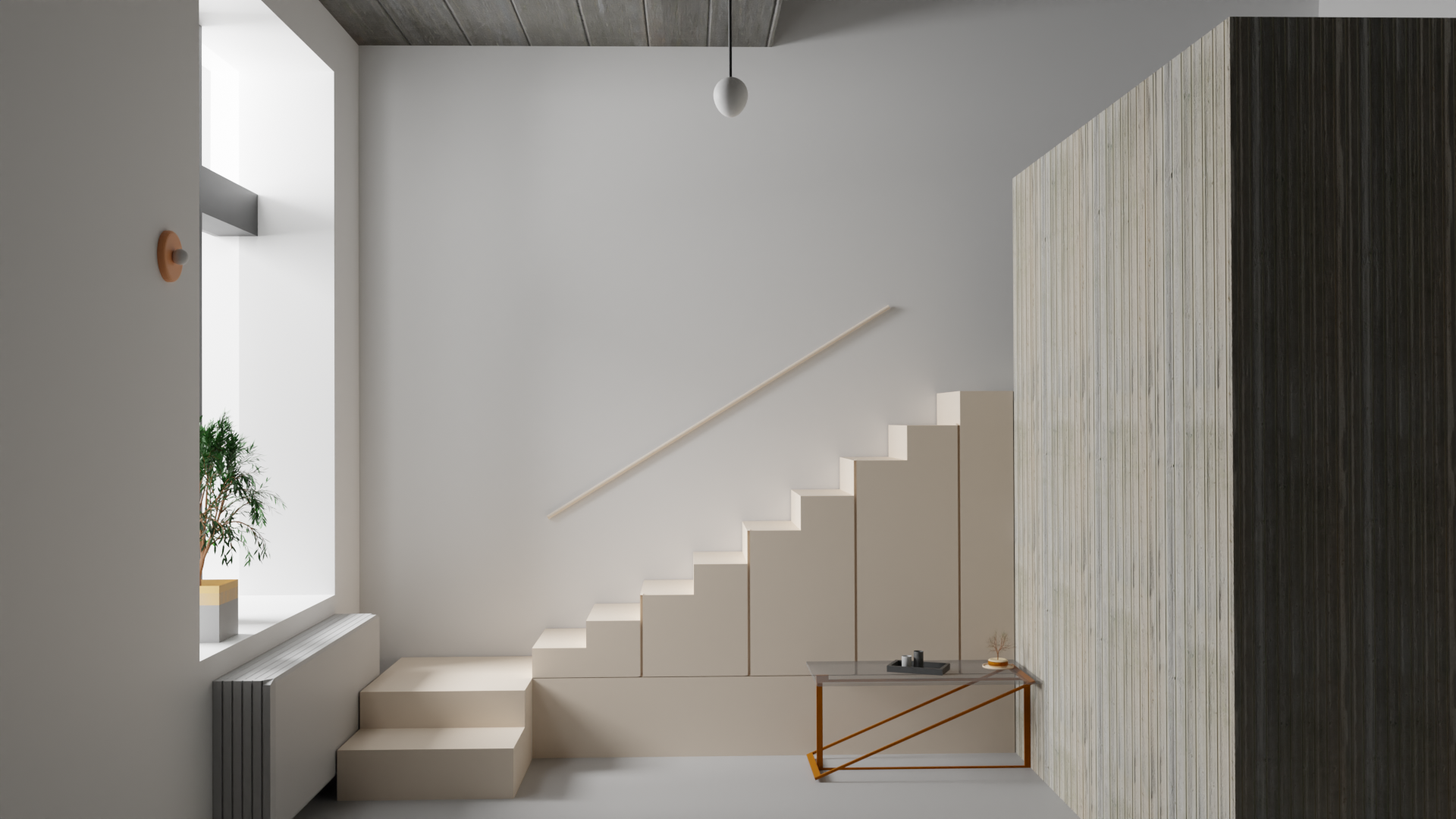Modern interior with minimalist stairs and wooden paneling HD Wallpaper
