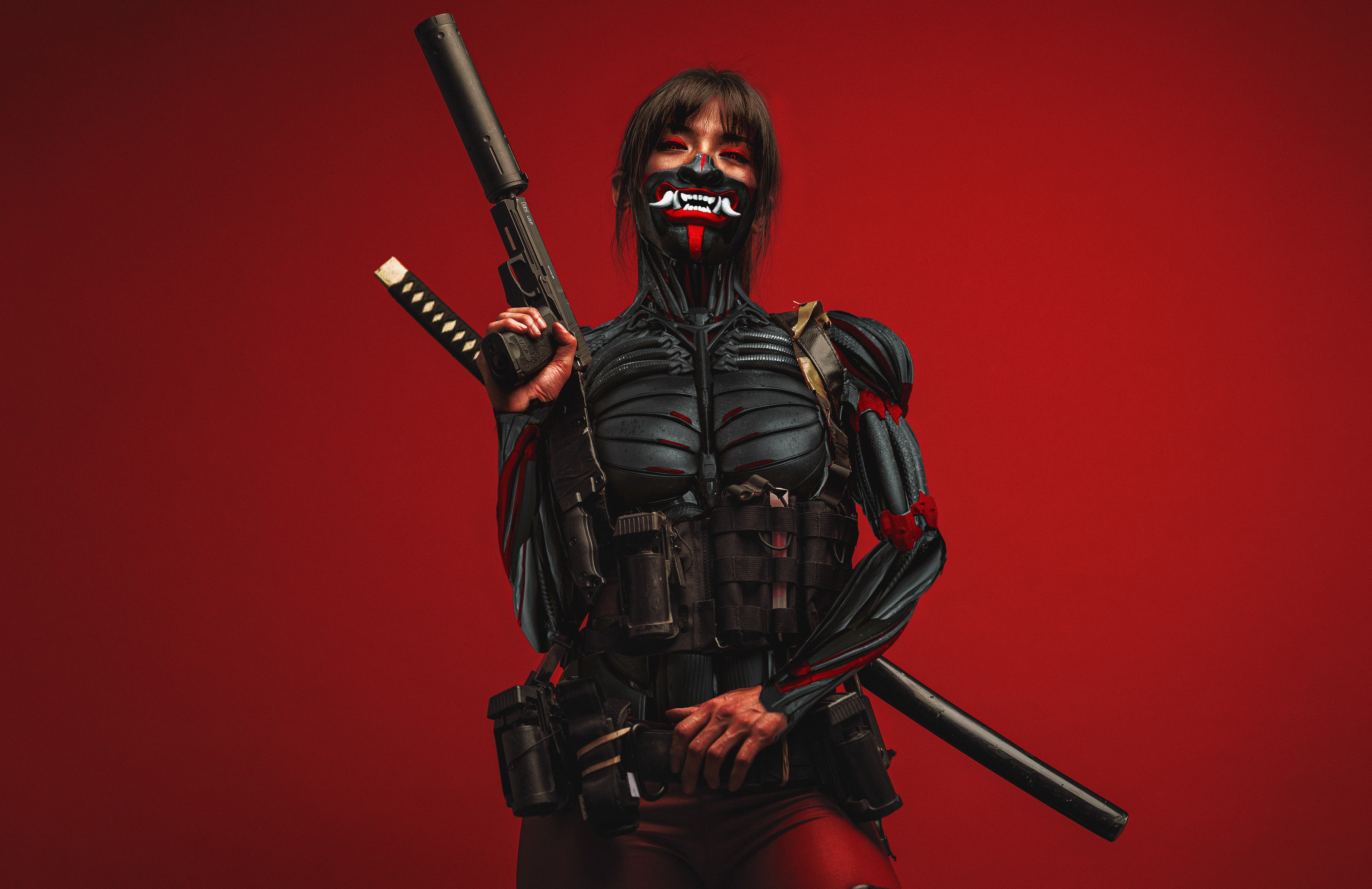4K Cyberpunk Woman with Pistol and Sword HD Wallpaper