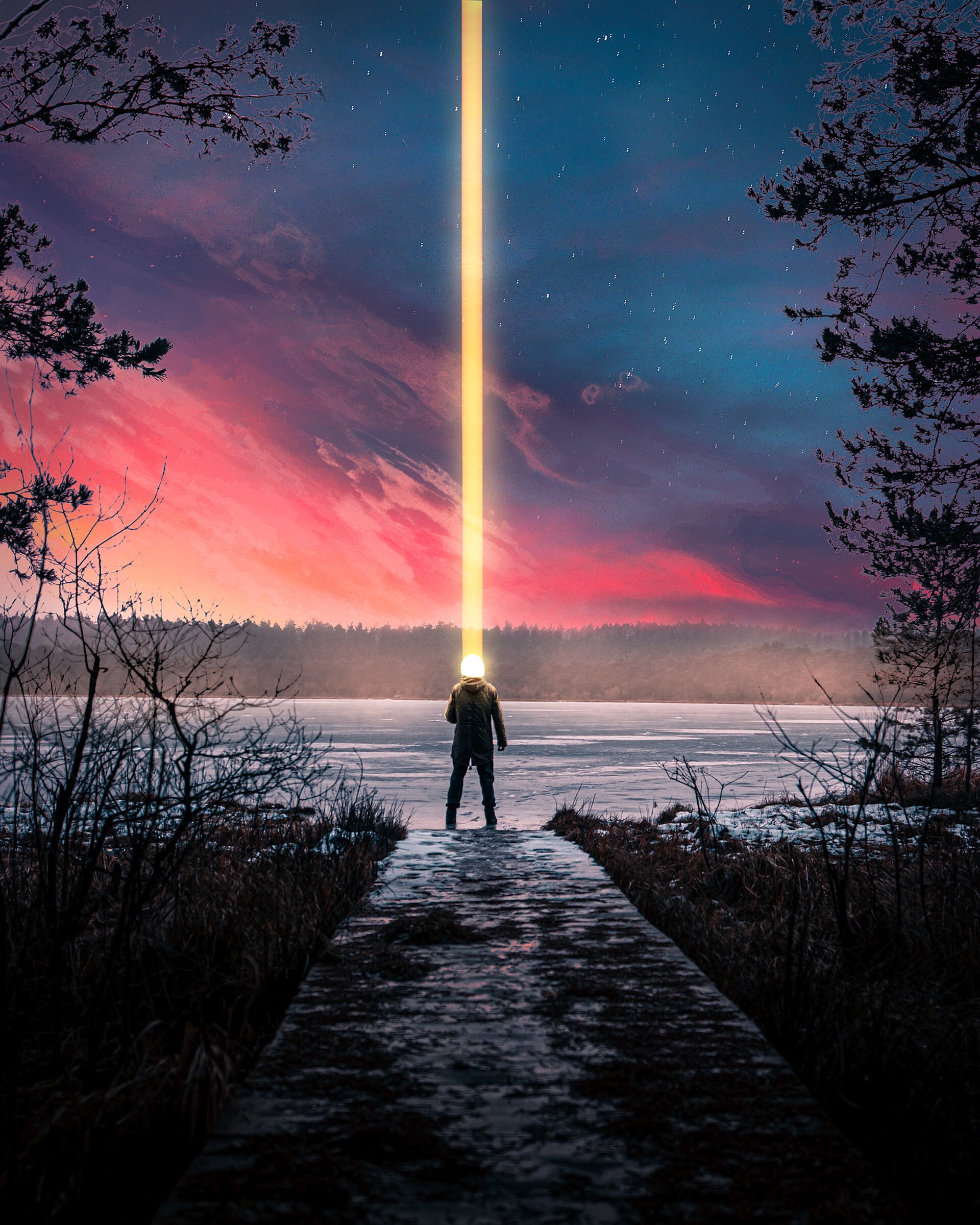 Man with light beam from head on frozen lake at sunset HD Phone Wallpaper