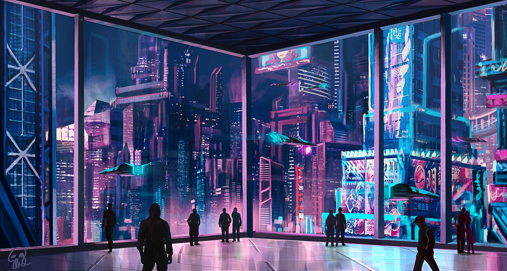 Cyber city with flying vehicles and neon lights HD Wallpaper