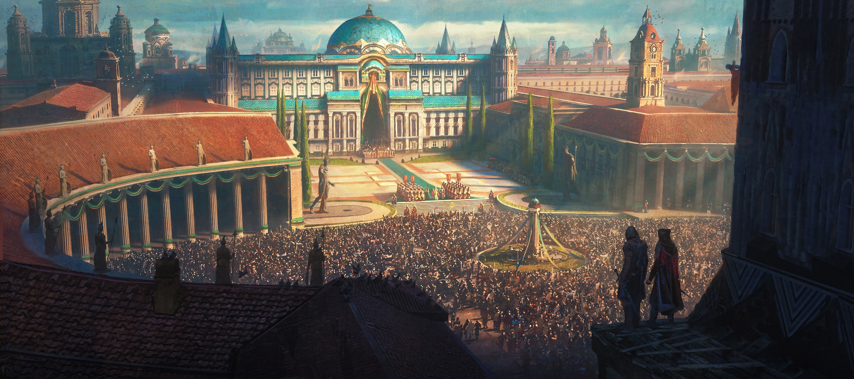 Grand city square with a large crowd and palace HD Wallpaper