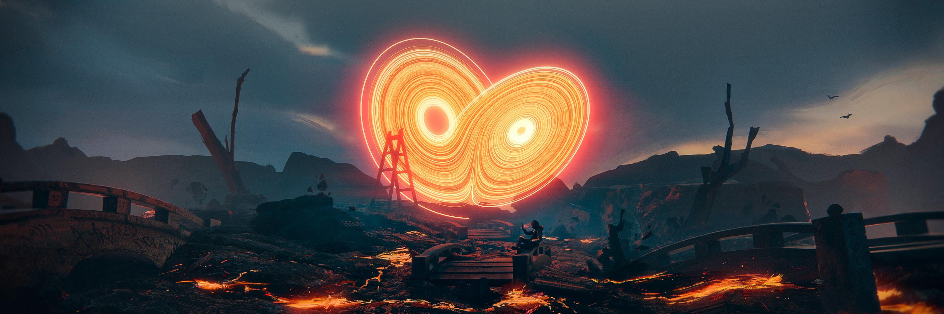 A surreal landscape with a glowing attractor and decaying structures HD Wallpaper