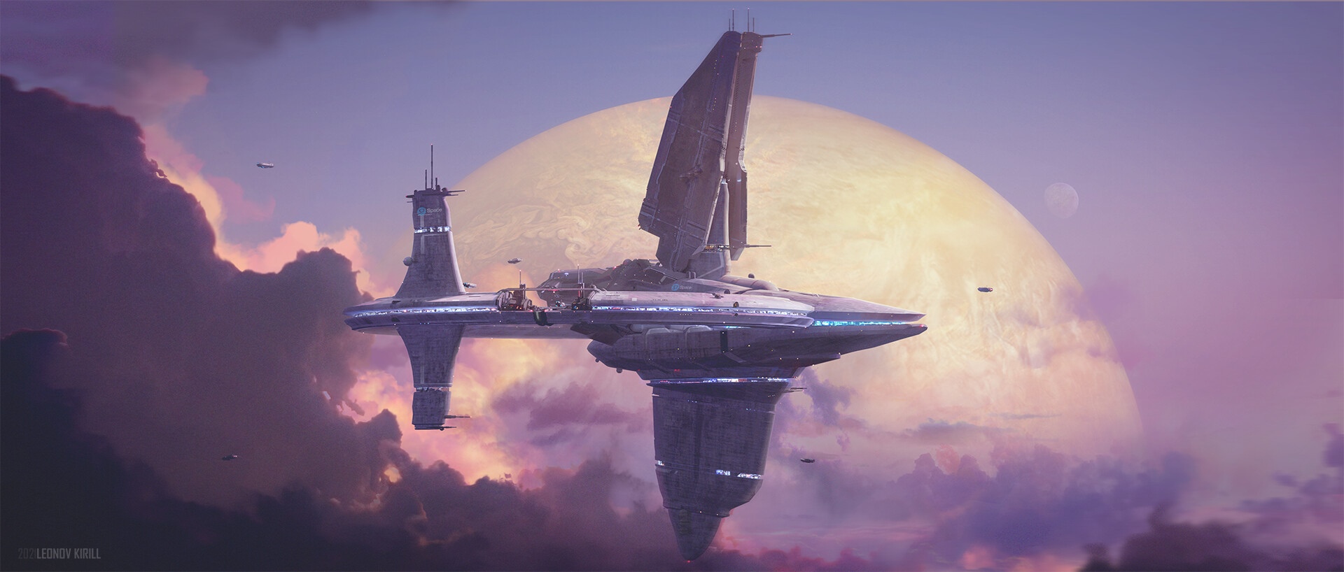 Science fiction spaceship in clouds with planet HD Wallpaper