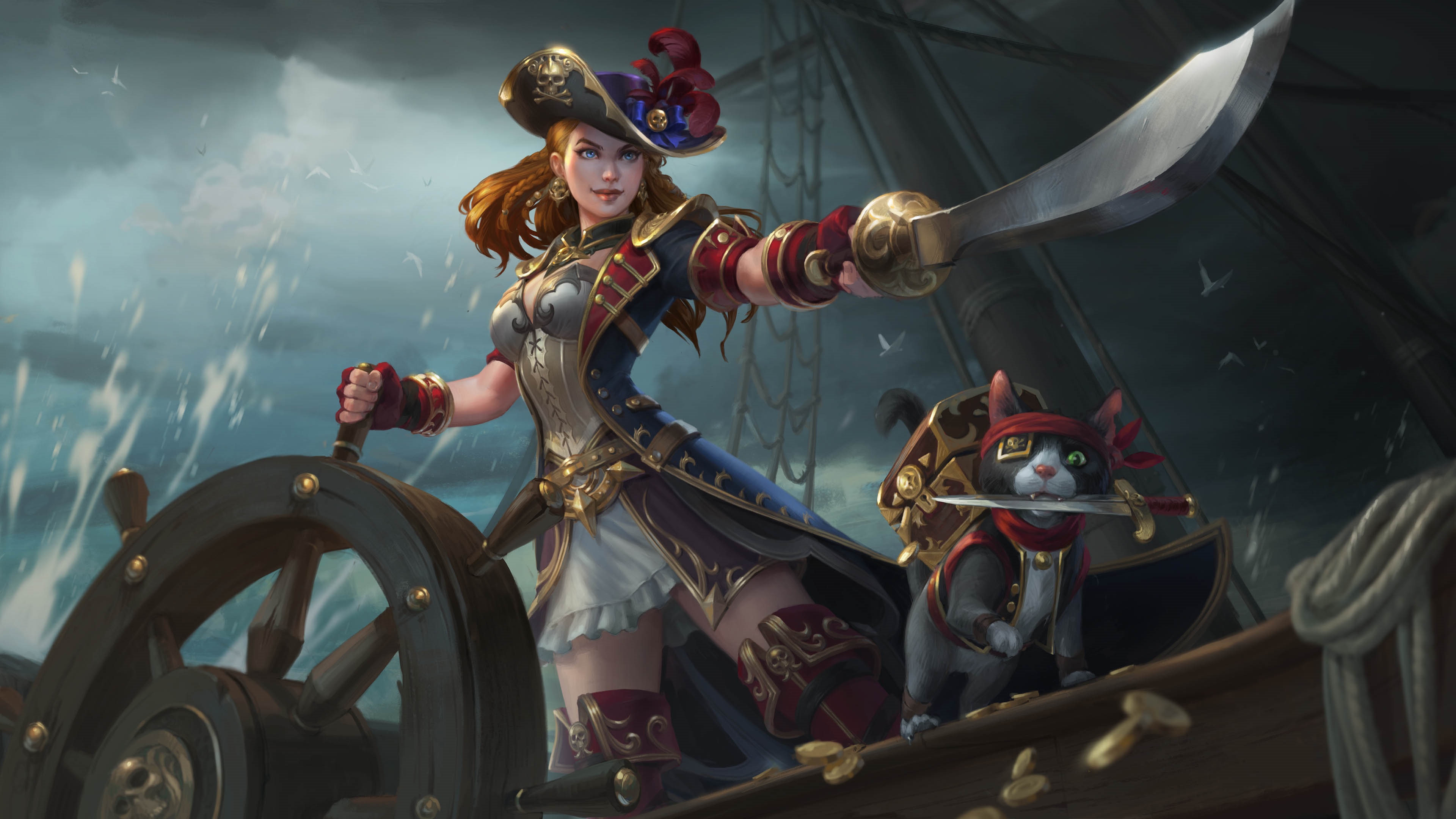 Smite Pirate Captain and Cat with Swords HD Wallpaper