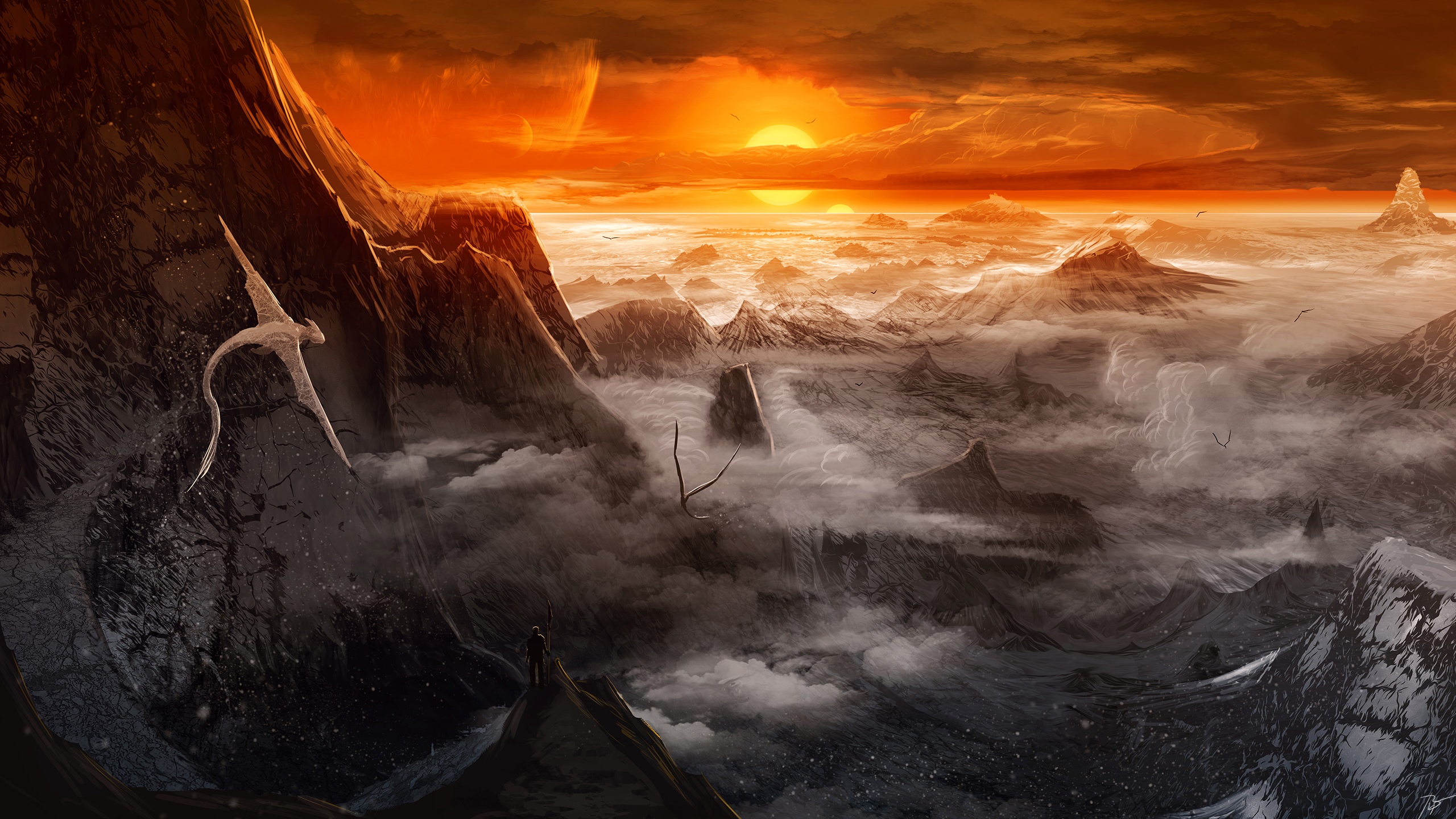 Fantasy landscape with mountains and a dragon HD Wallpaper