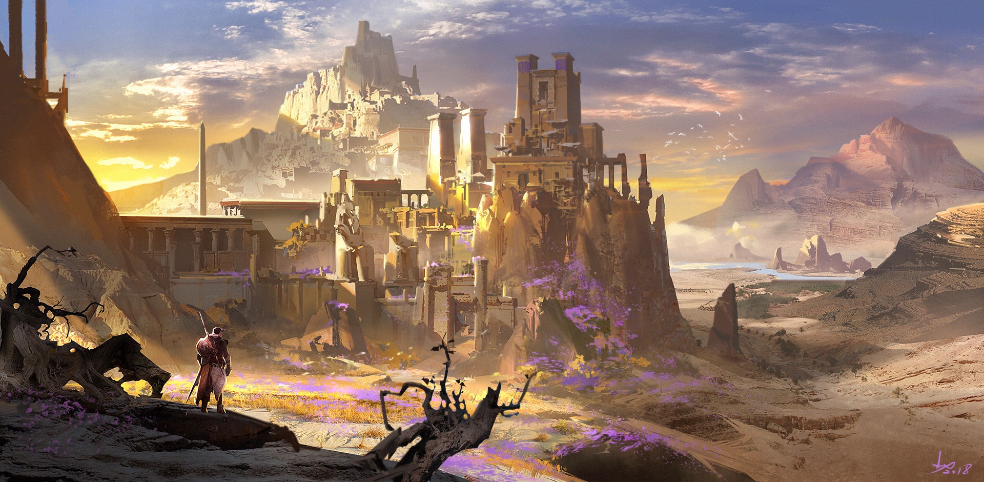 Fantasy desert city with mountains and a lone traveler HD Wallpaper