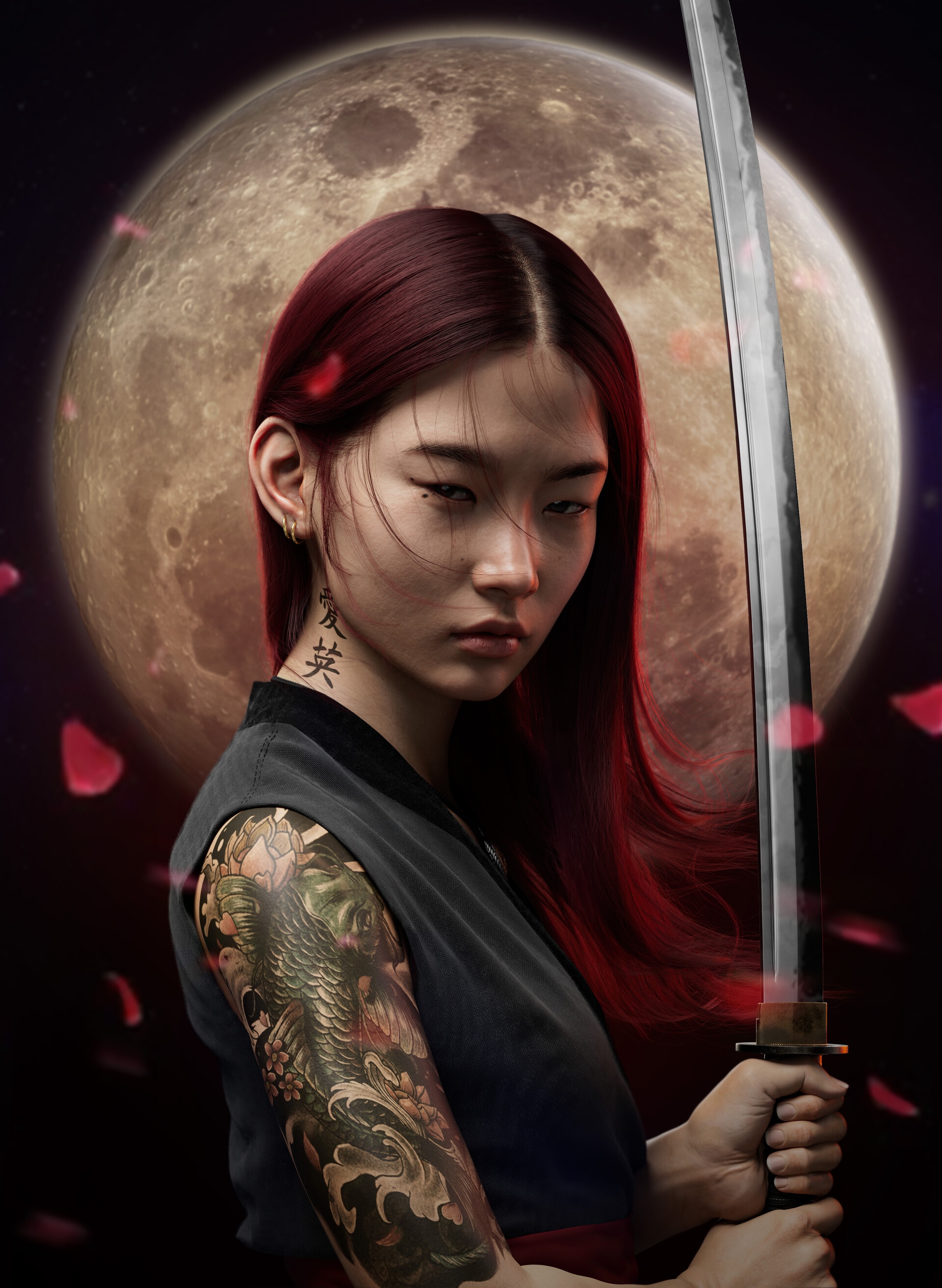 Asian woman with katana and tattoos in front of the moon HD Phone Wallpaper