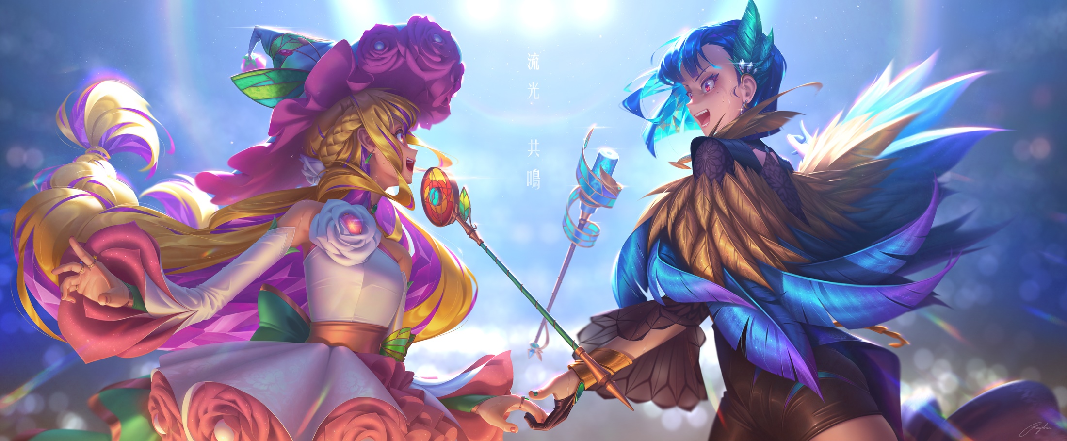 Two female characters with staffs in a video game. HD Wallpaper