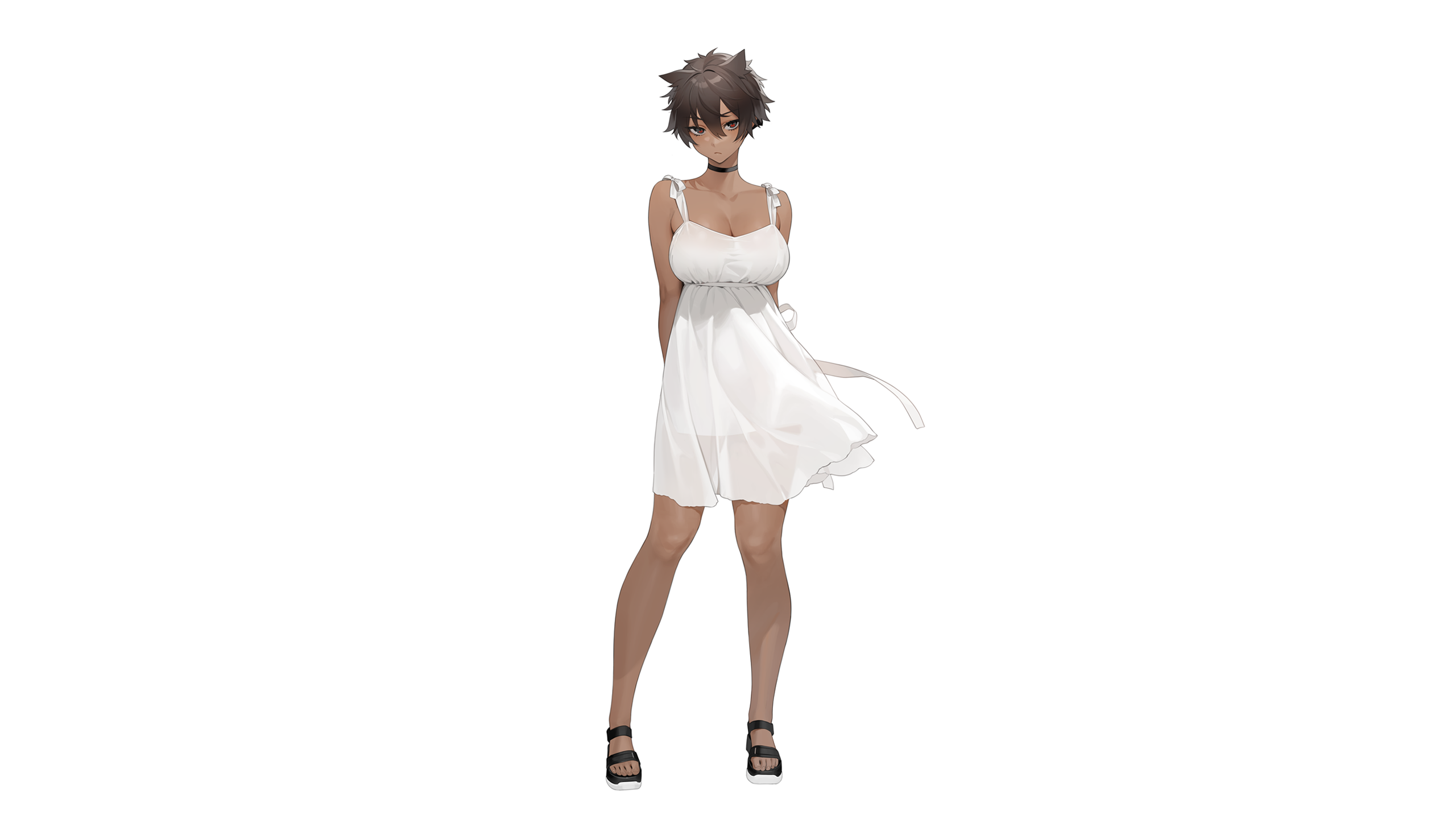 Anime girl with dark skin and brown hair in a white dress HD Wallpaper
