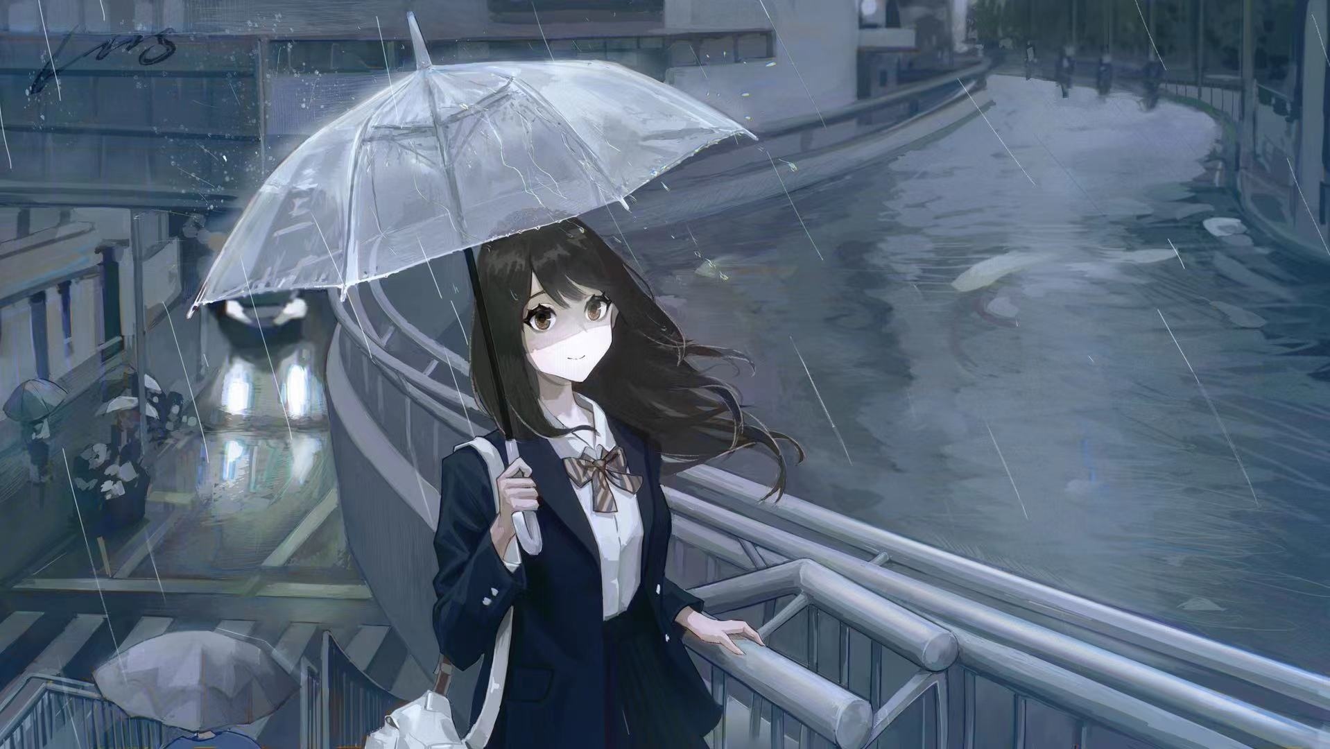 Girl with umbrella in the rain HD Wallpaper