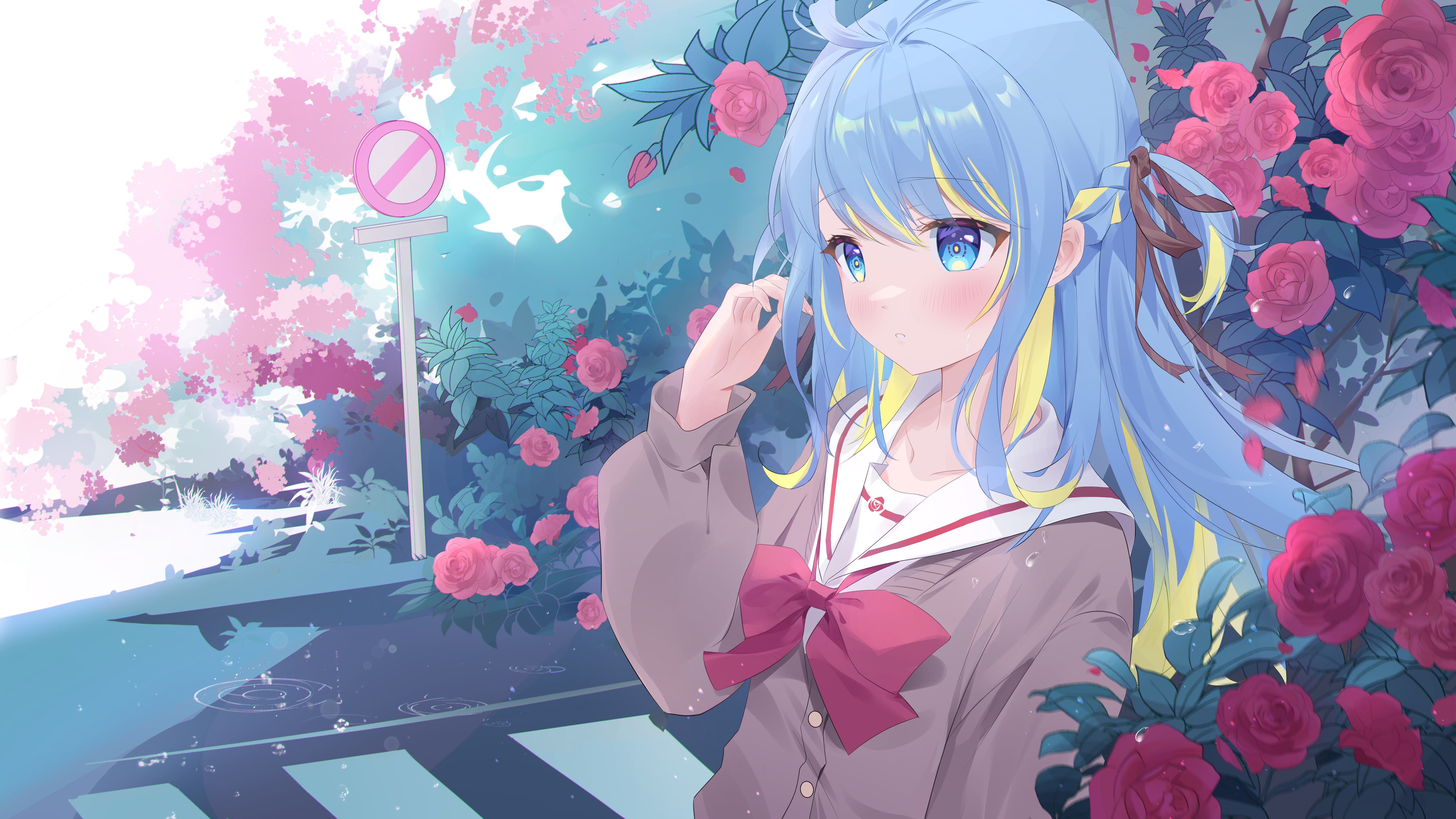 Anime girl with blue hair and roses HD Wallpaper