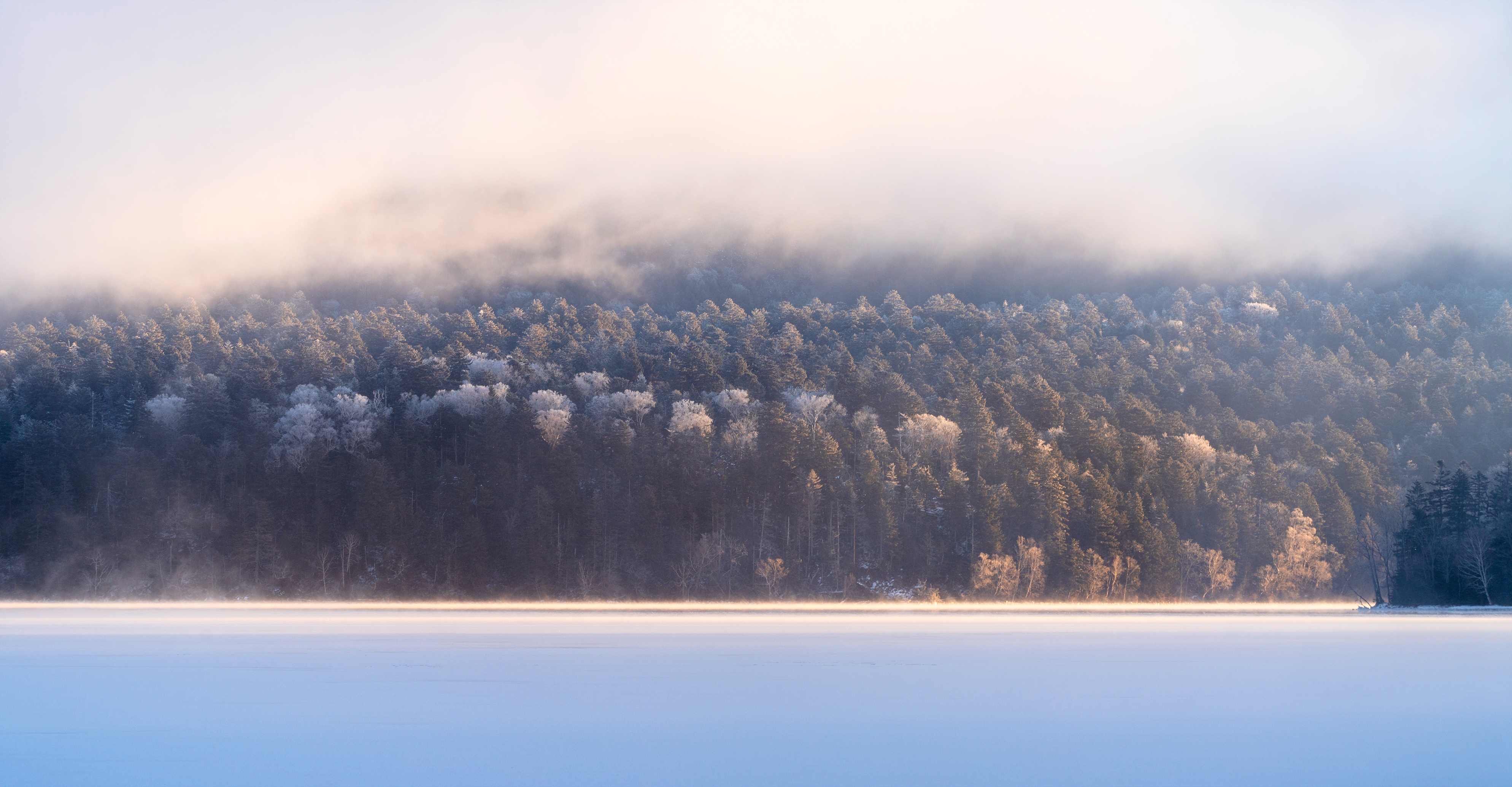 4K winter lake with mist over forest HD Wallpaper