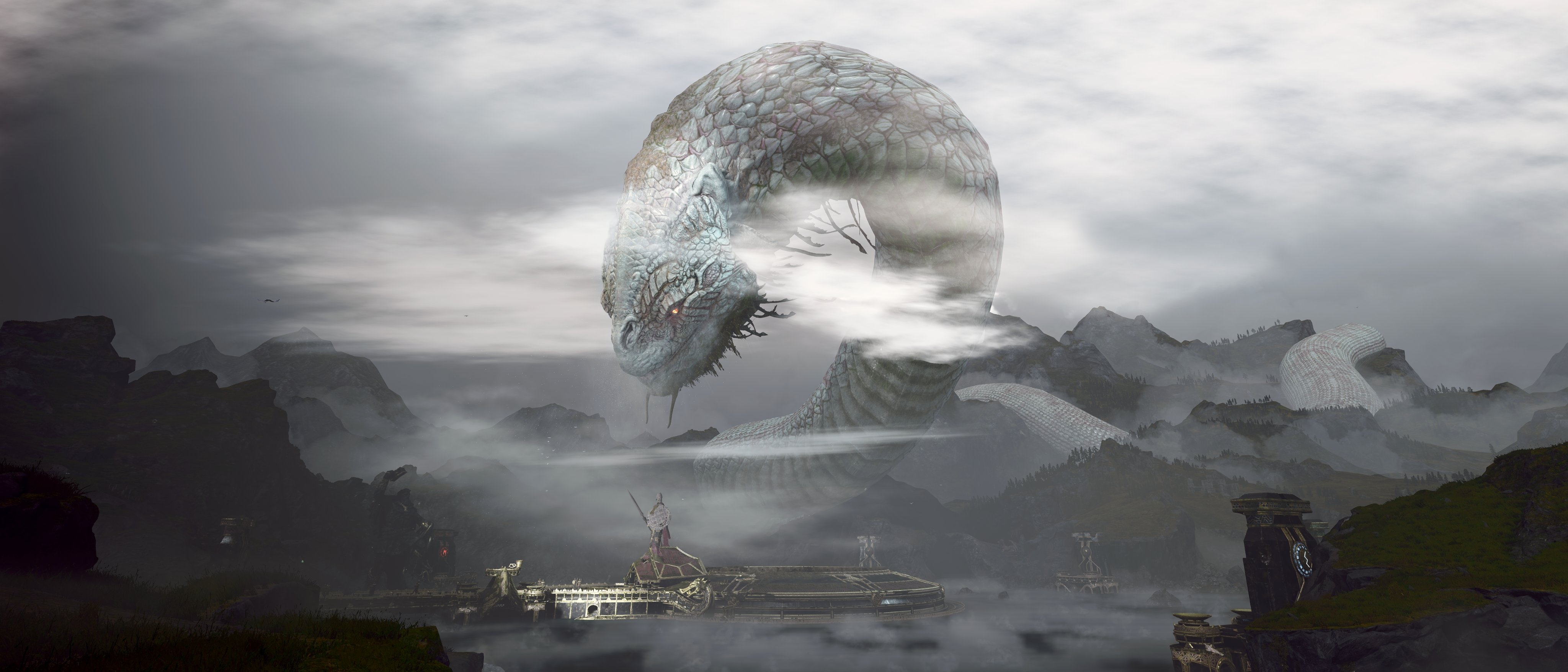 4K God of War Jörmungandr in Foggy Mountains HD Wallpaper