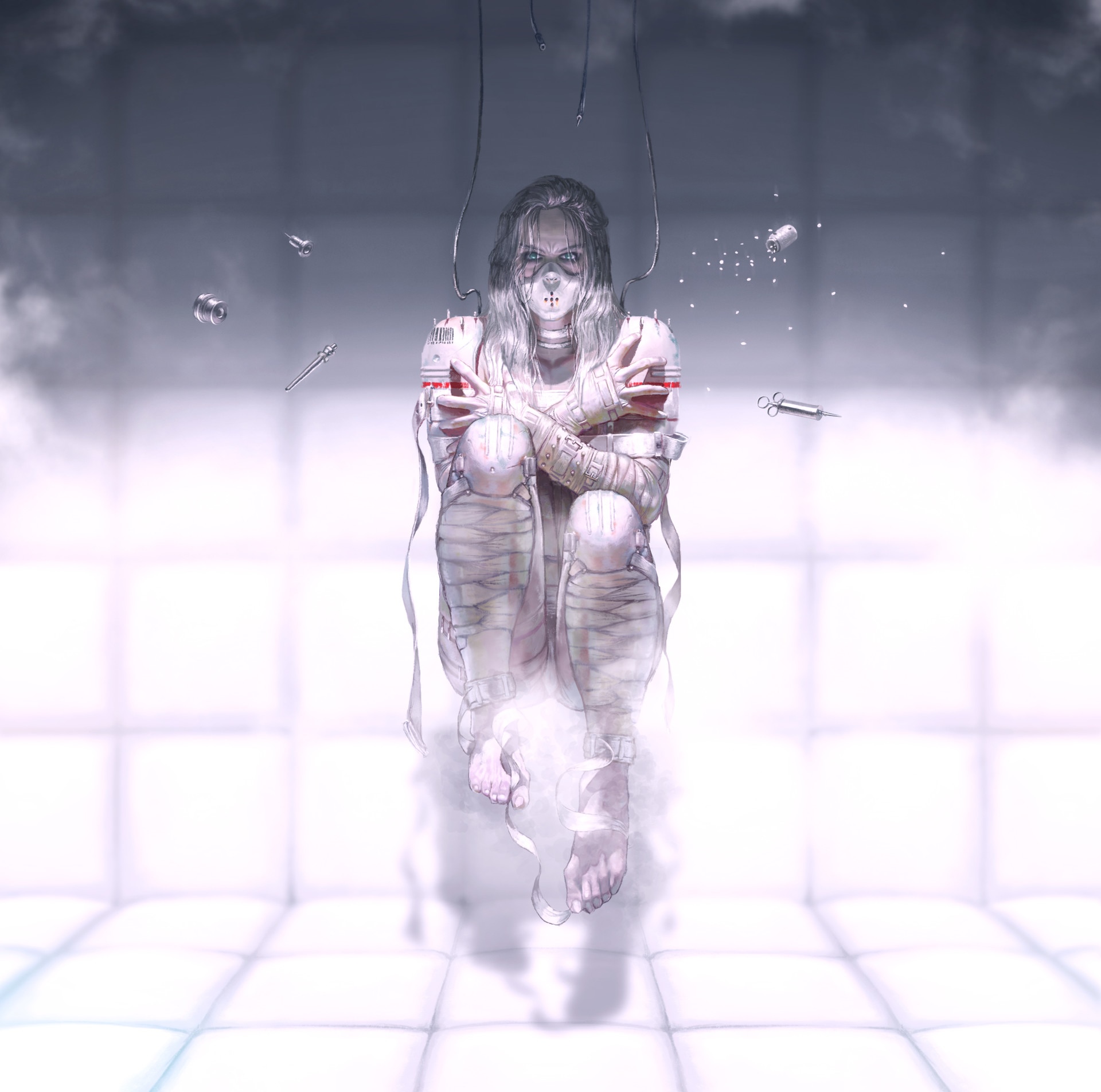Woman in bandages suspended in a sterile room HD Wallpaper