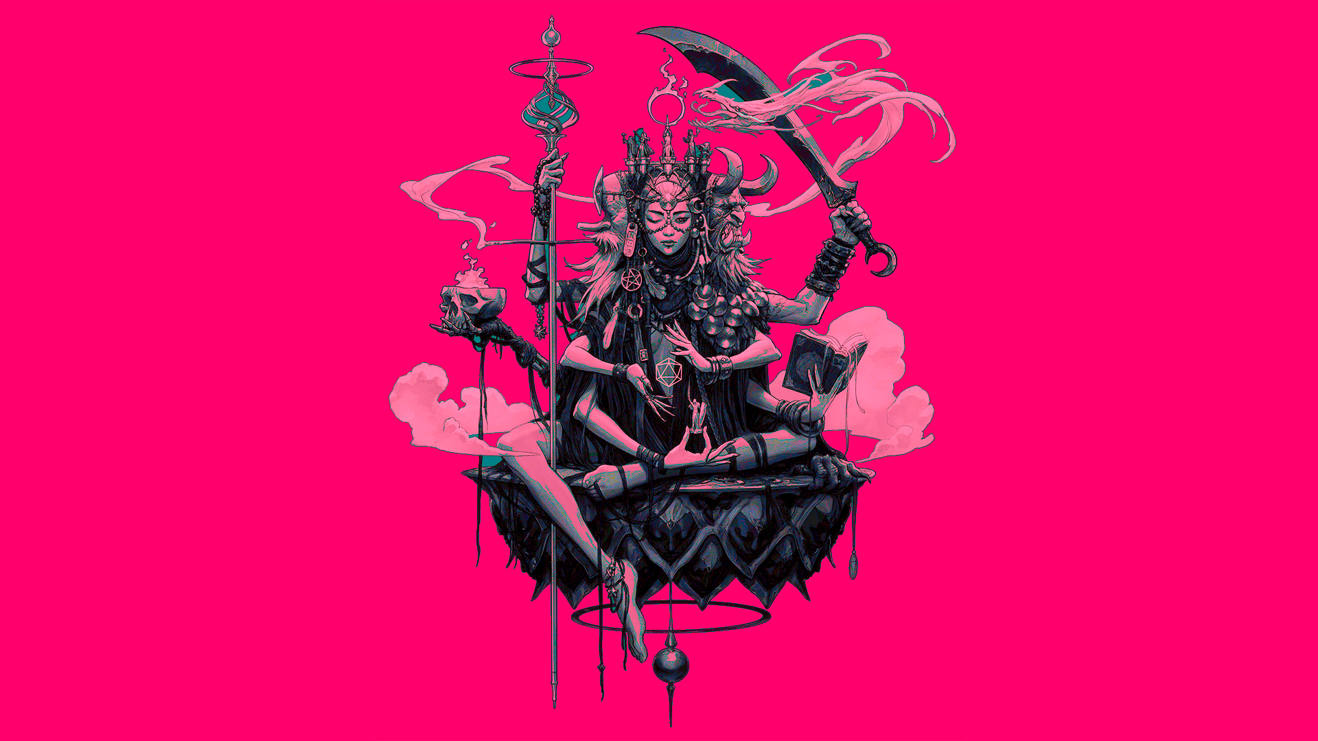 Fantasy art of a multi-armed deity with a sword and staff HD Wallpaper