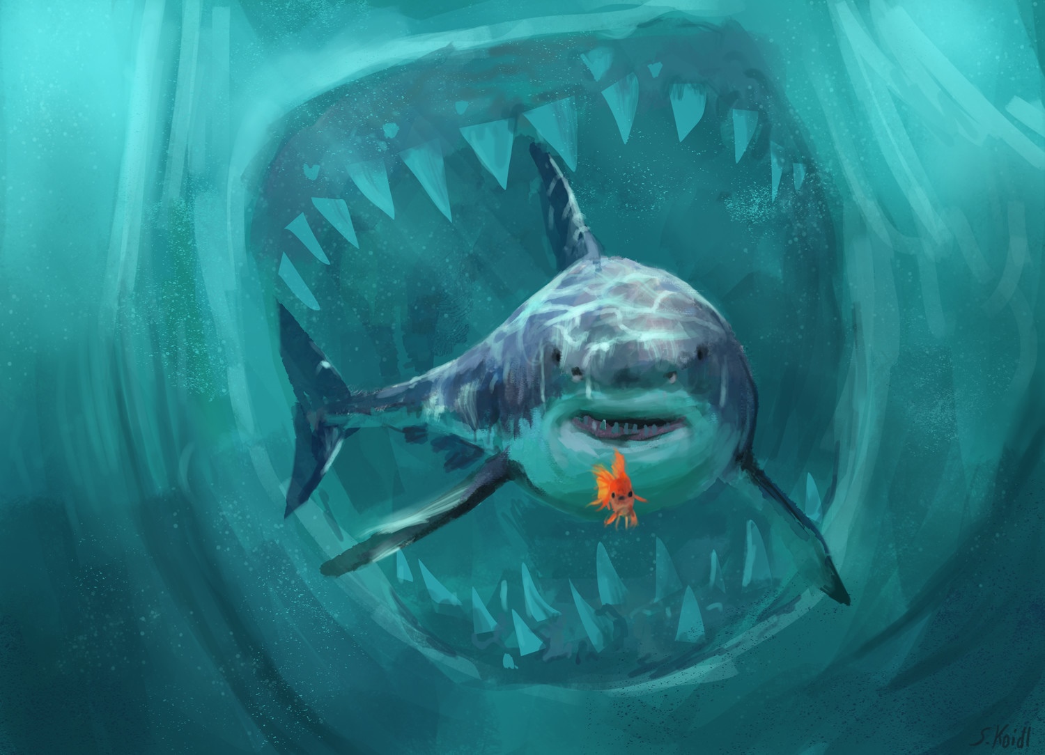 Megalodon shark about to eat a goldfish HD Wallpaper