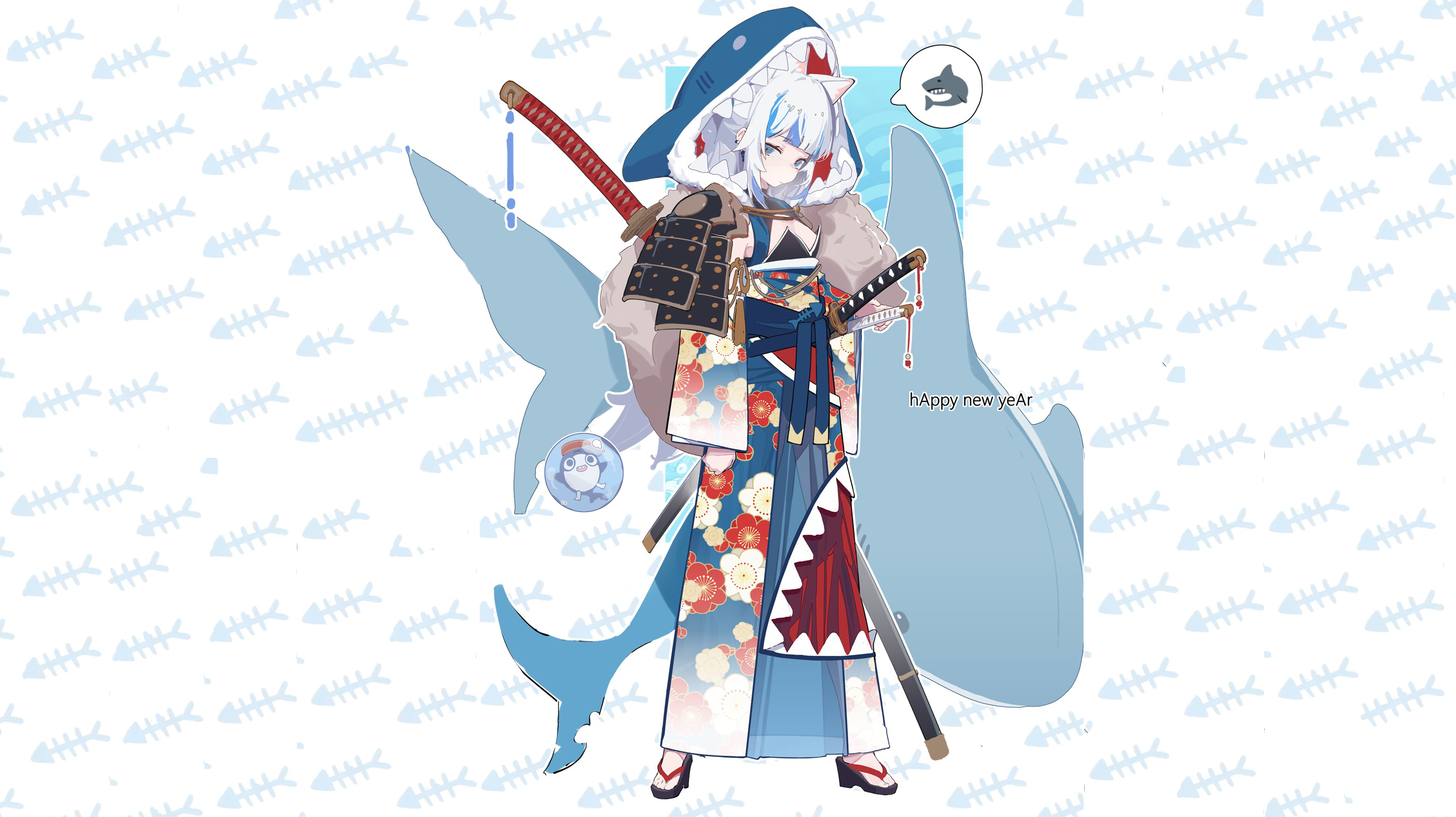 Gawr Gura in Kimono with Katanas HD Wallpaper