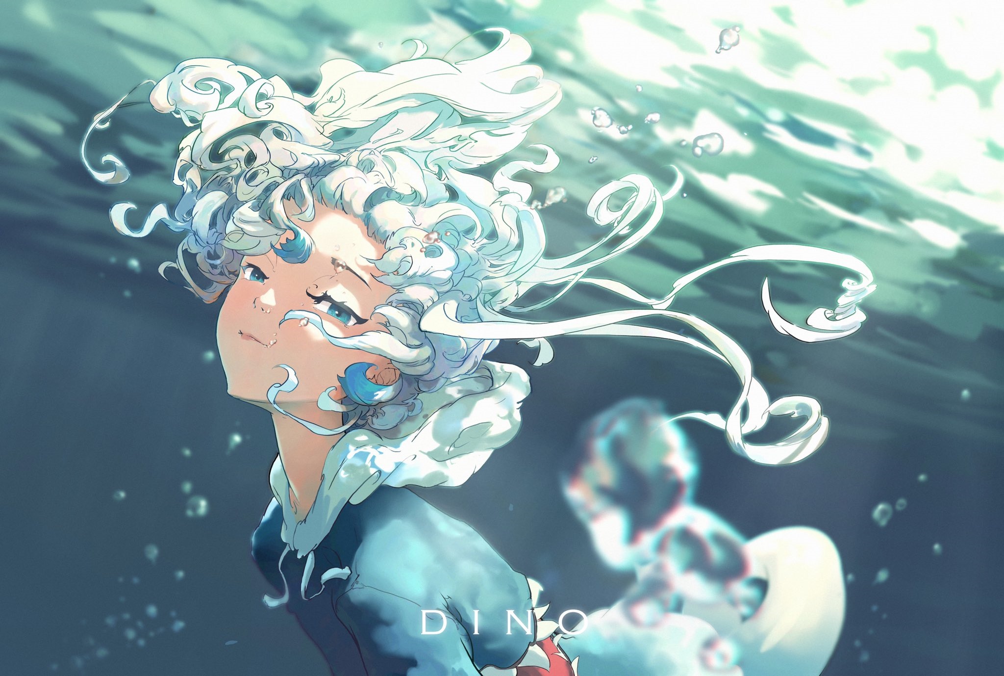 Gawr Gura underwater with bubbles and light rays HD Wallpaper