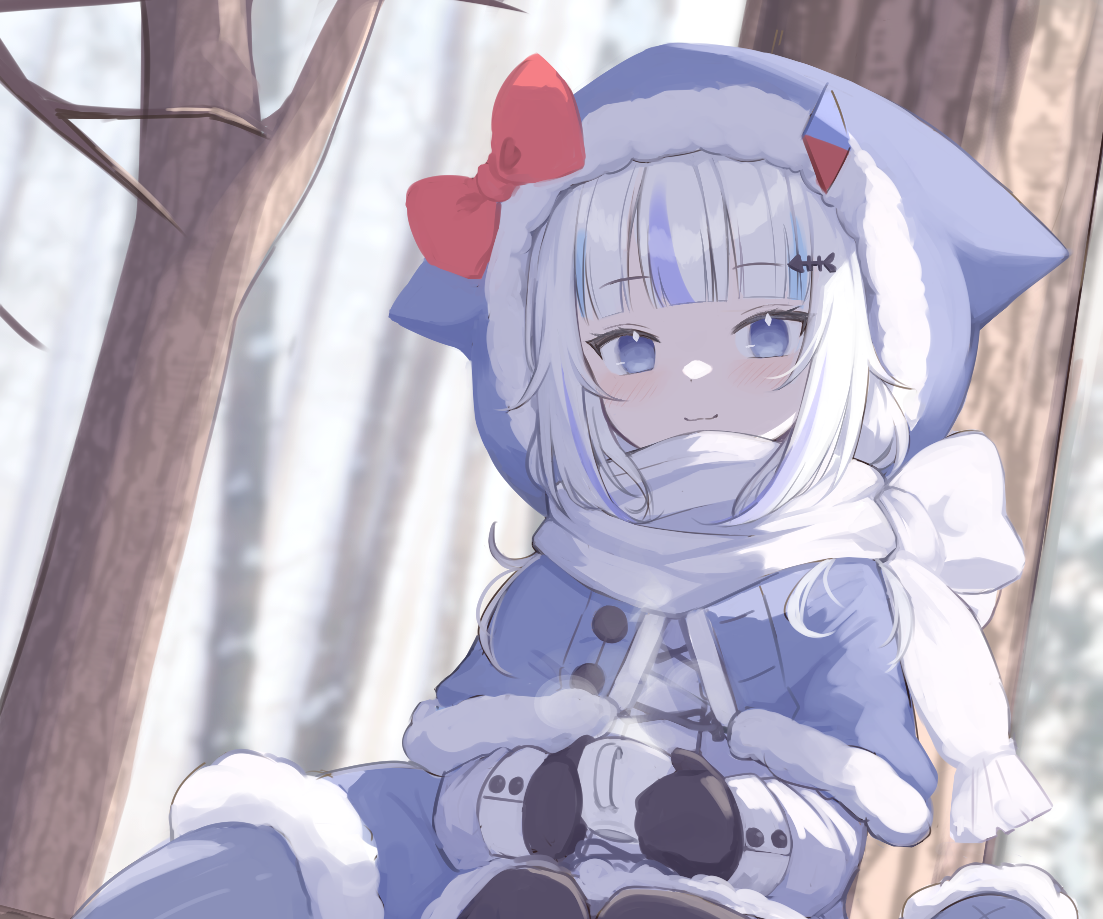 Gawr Gura in a winter forest HD Wallpaper