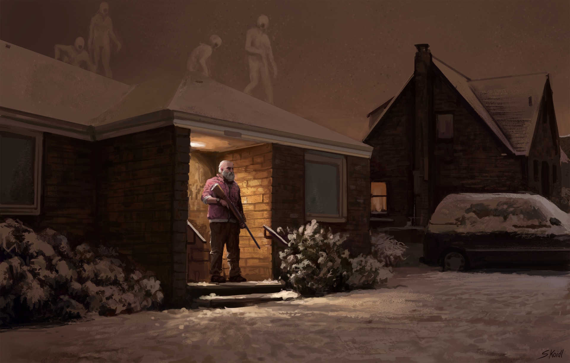 Man with rifle on porch facing zombies on roof HD Wallpaper