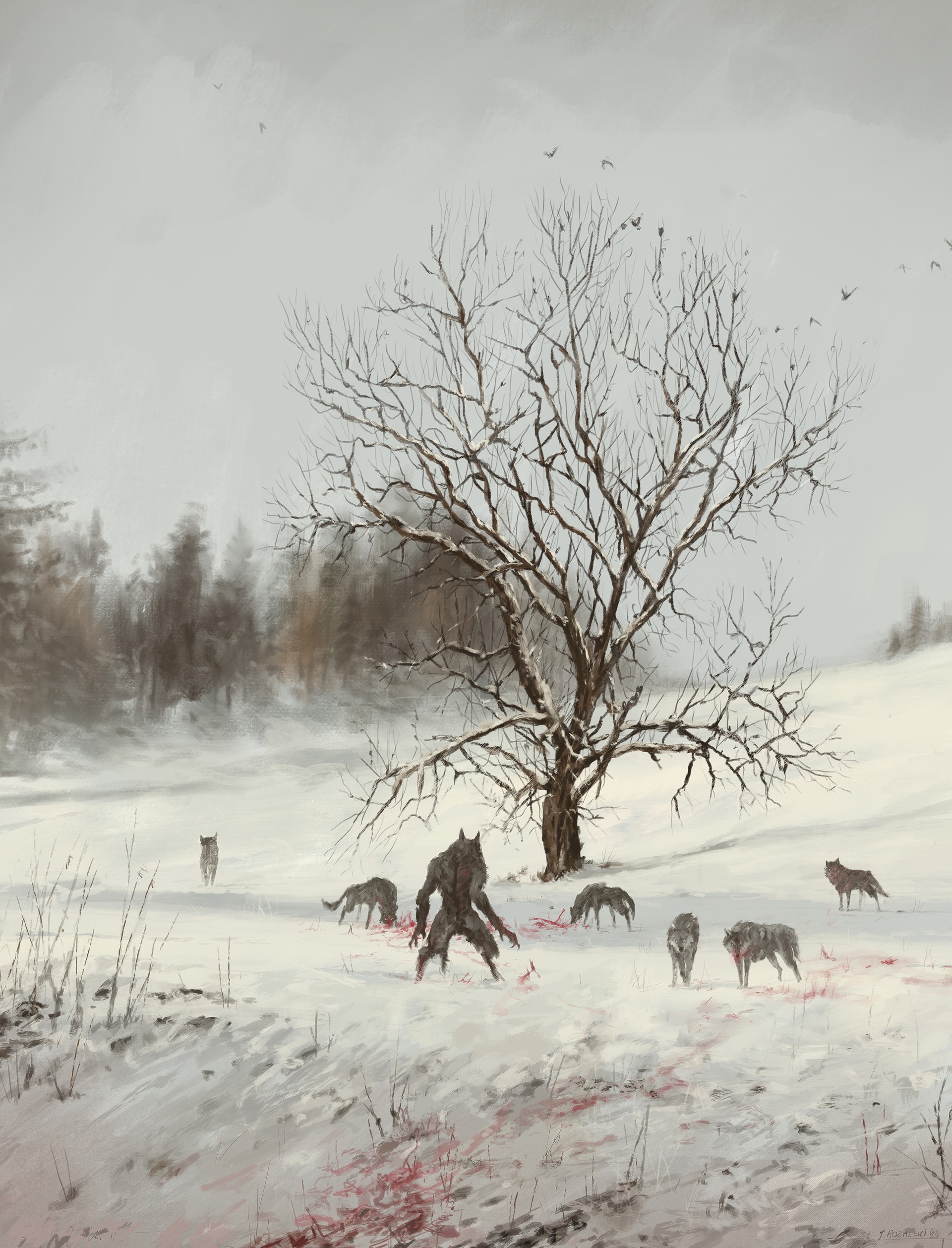 Jakub Różalski's painting of a werewolf and wolves in snow HD Phone Wallpaper
