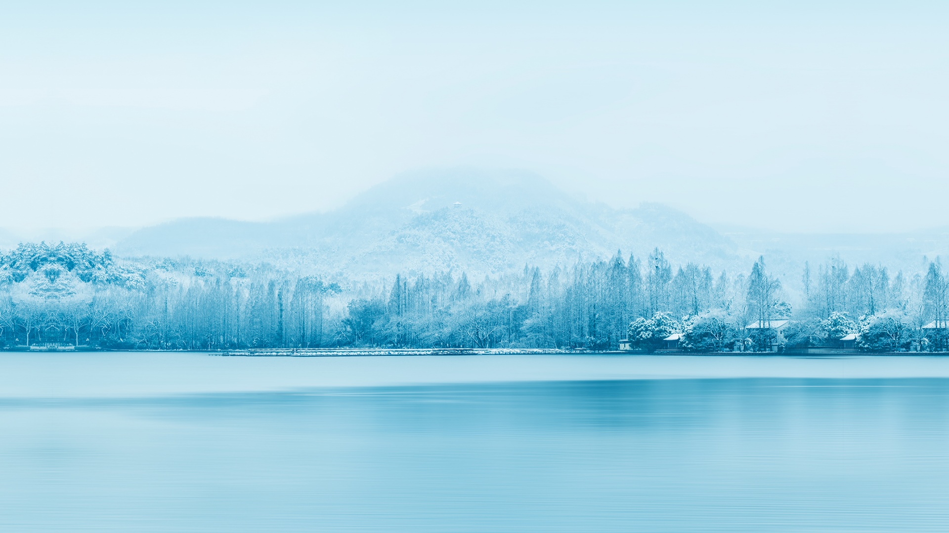 Winter landscape with trees and mist over a lake HD Wallpaper