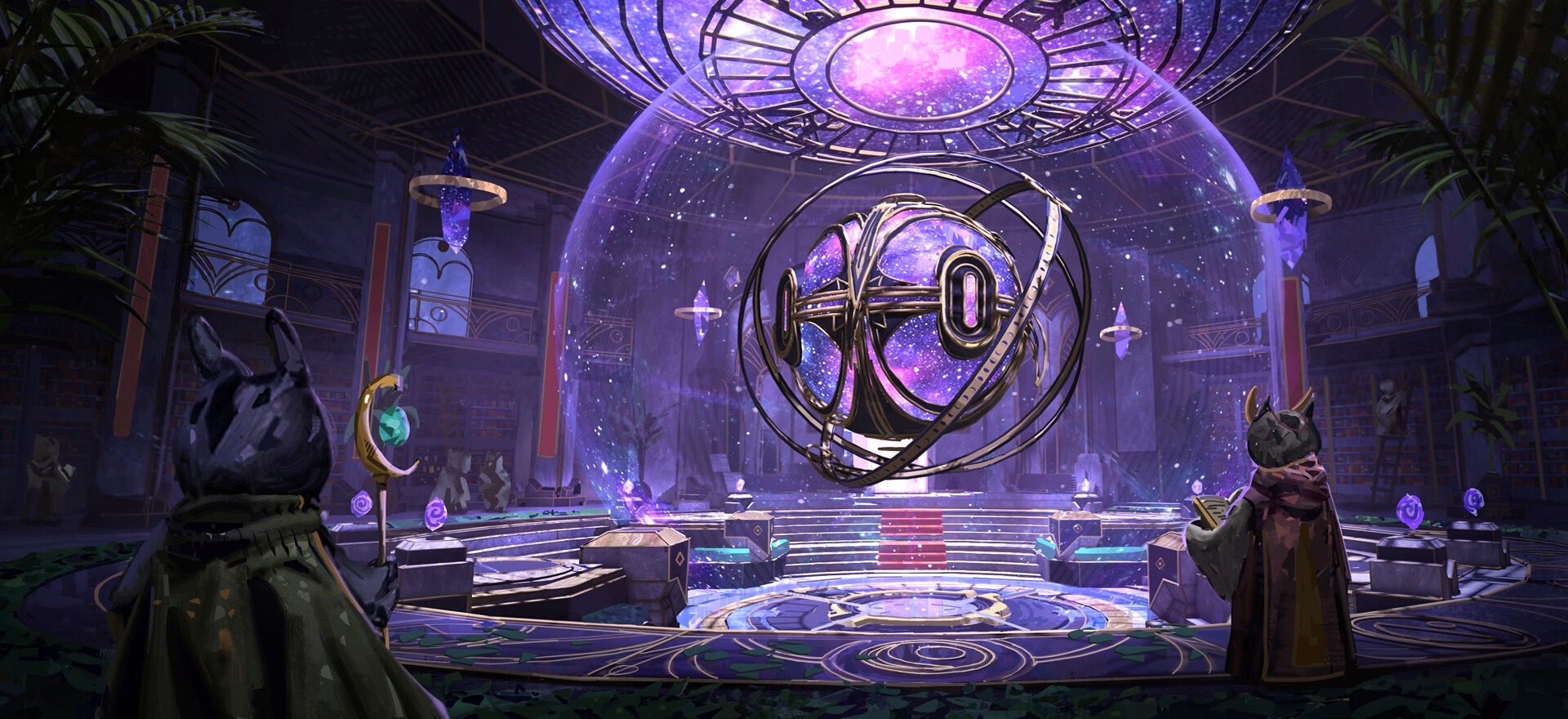 Fantasy library with a cosmic orb HD Wallpaper