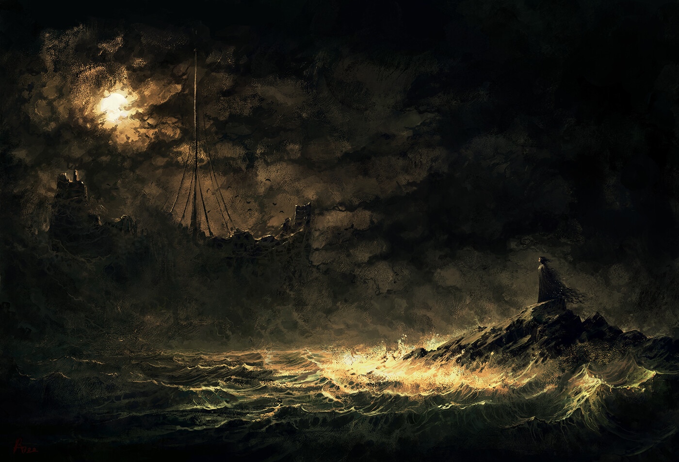 Artwork of a ship in a stormy sea HD Wallpaper