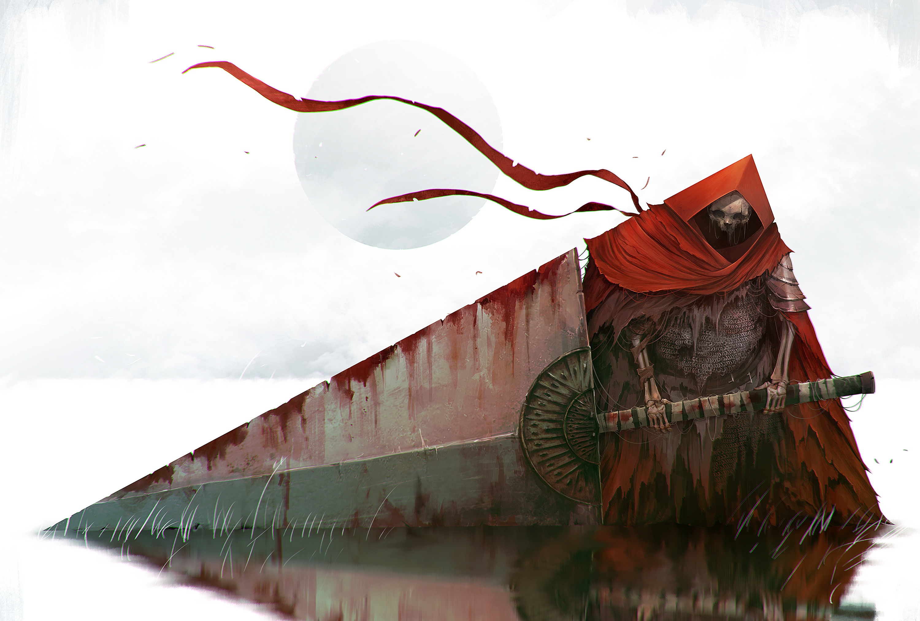 Skeleton warrior with giant sword and red cloak HD Wallpaper