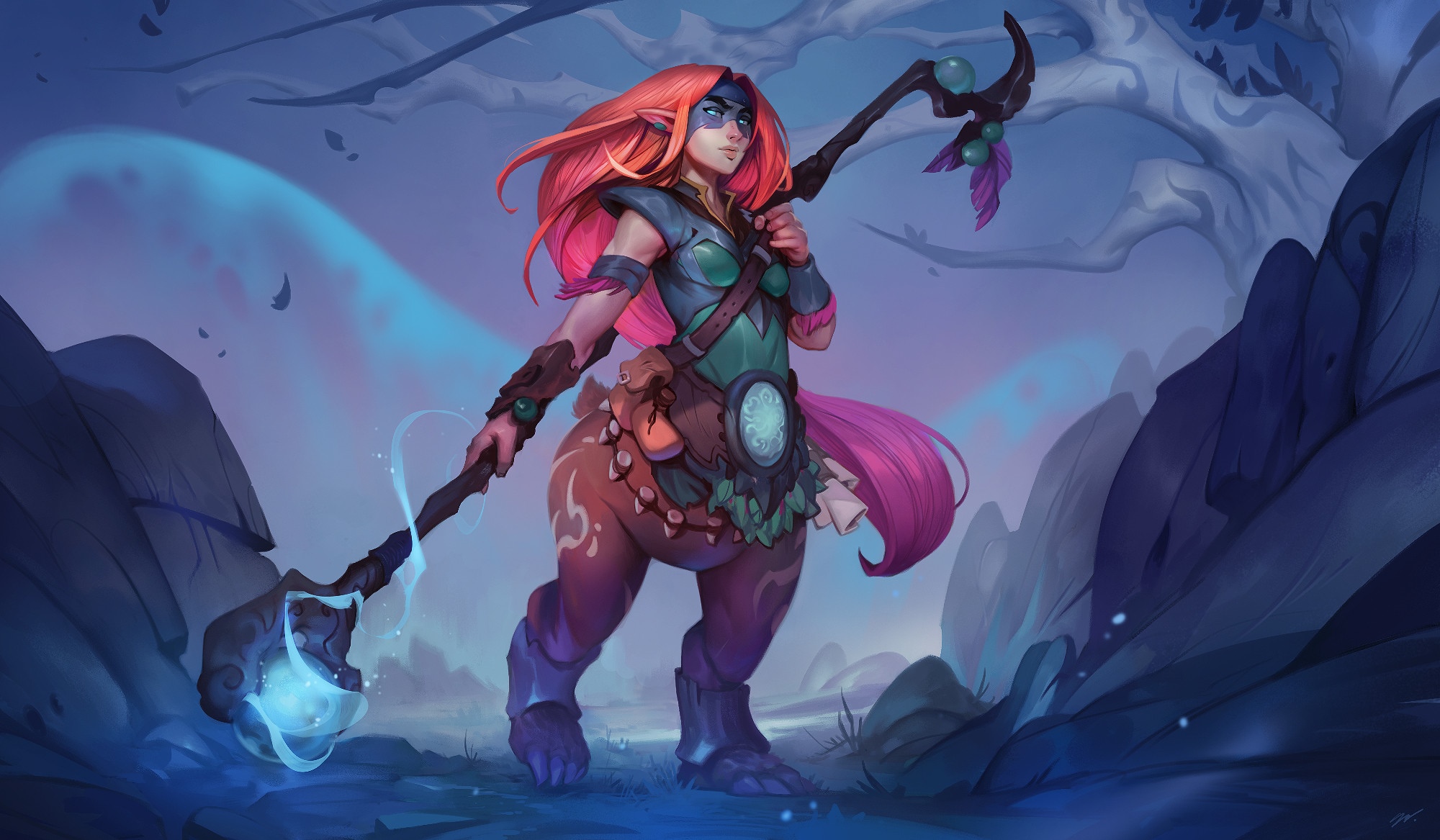 Faun Druid with Magic Staff in Fantasy Forest HD Wallpaper